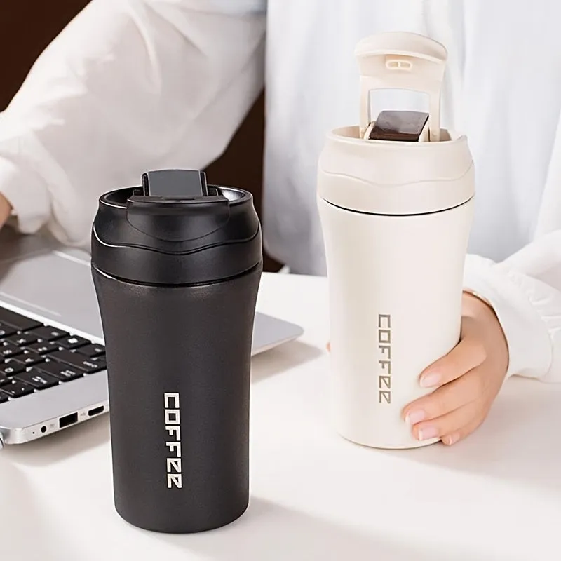 1pc, 13.53oz Stainless Steel Coffee Mug - Portable Insulated Bottle With Straw, Insulated Car Vacuum Flask For Hot & Cold Drinks !