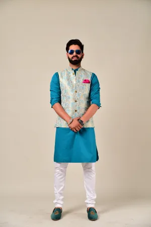 Aesthetic Sky-Blue Banarasi brocade Jodhpuri Jacket with Kurta Pajama Set | Free Personalization |Best Seller| Perfect  For Marriage Functions Festivals | Raksha Bandhan, Diwali, Navratri|