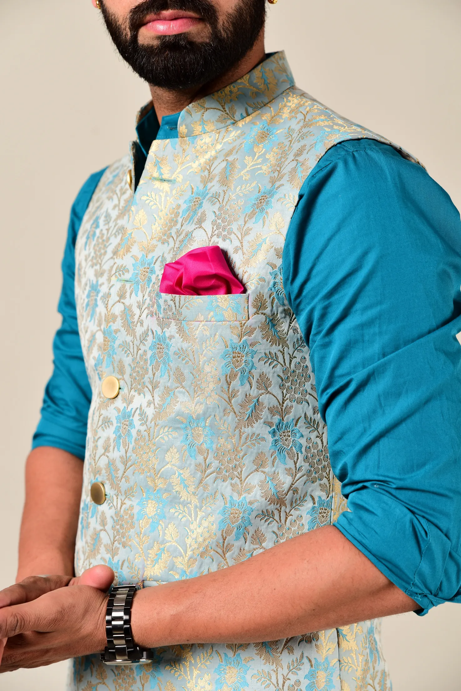 Aesthetic Sky-Blue Banarasi brocade Jodhpuri Jacket with Kurta Pajama Set | Free Personalization |Best Seller| Perfect  For Marriage Functions Festivals | Raksha Bandhan, Diwali, Navratri|