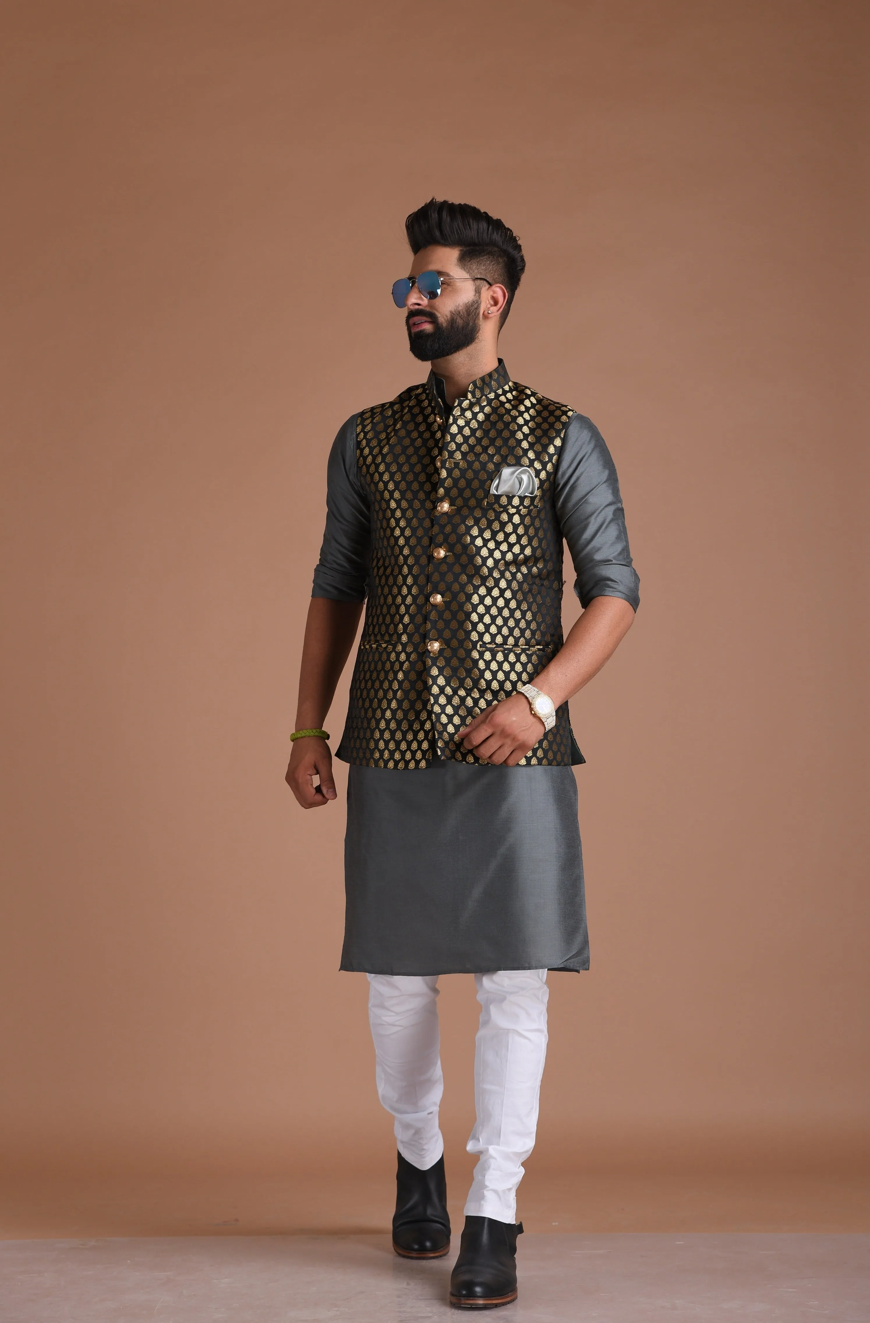 Alluring Black Botti Pattern Half Jodhpuri Jacket with Silk Kurta pajama | Best For Wedding Functions | Cocktail Parties | Traditional Functions