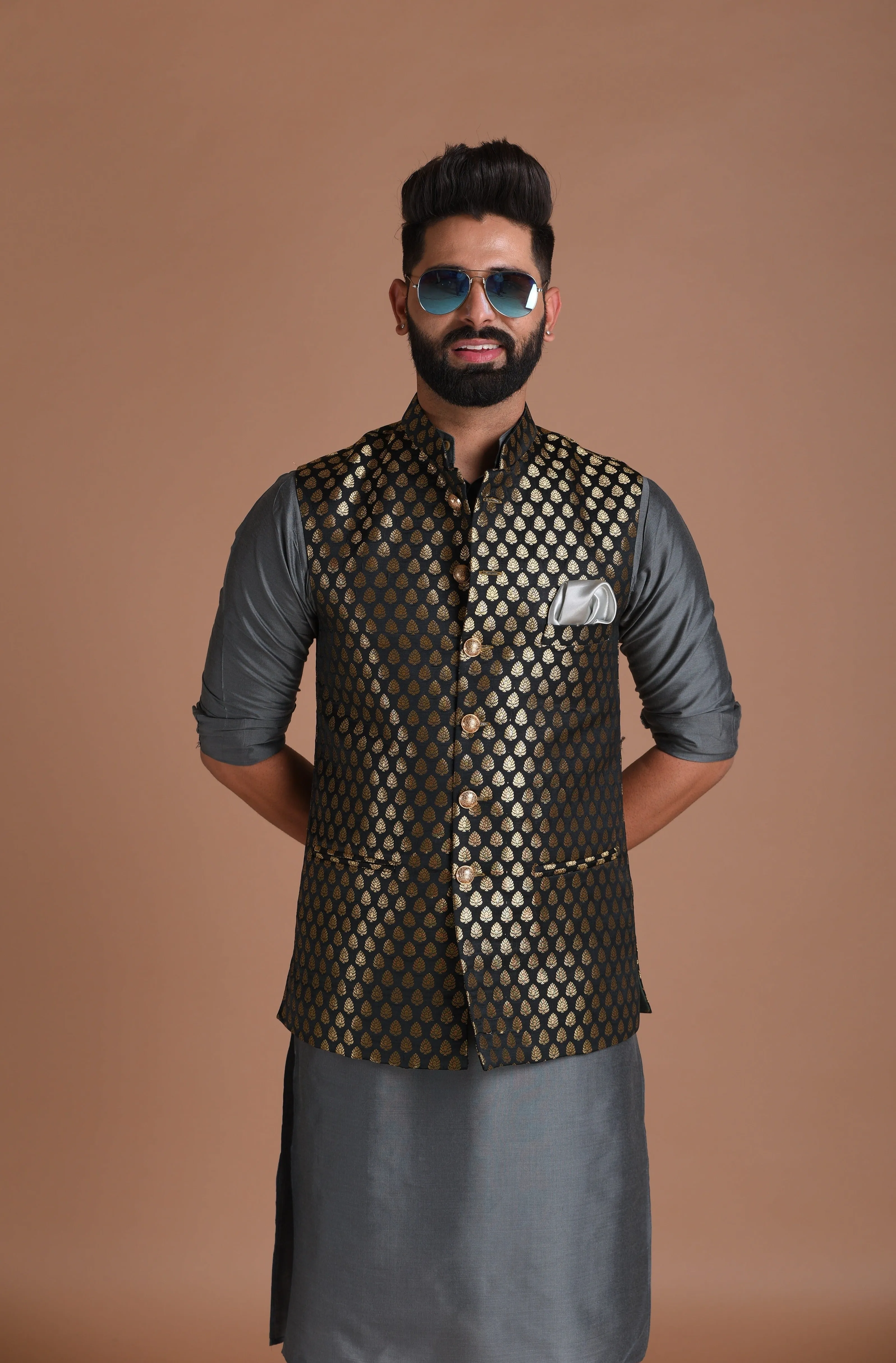 Alluring Black Botti Pattern Half Jodhpuri Jacket with Silk Kurta pajama | Best For Wedding Functions | Cocktail Parties | Traditional Functions