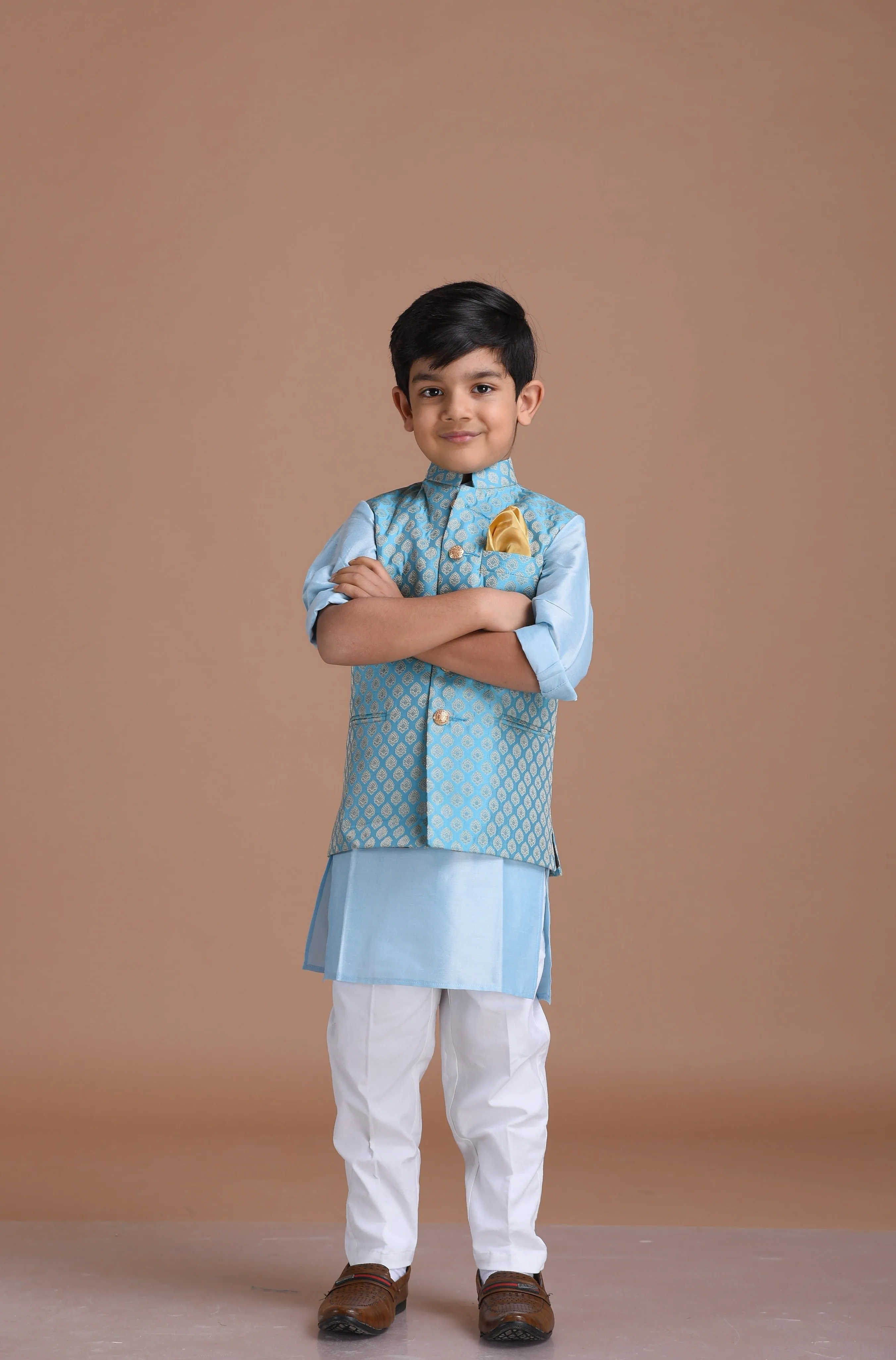 Alluring Cyan Blue Booty Pattern Half Jodhpuri Designer Jacket With Kurta Pajama Set | Wedding Functions  Diwali Eid Open Lawn Party