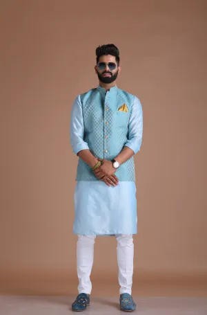 Alluring Cyan Blue Booty Pattern Half Jodhpuri Designer Jacket With Kurta Pajama Set | Wedding Functions  Diwali Eid Open Lawn Party