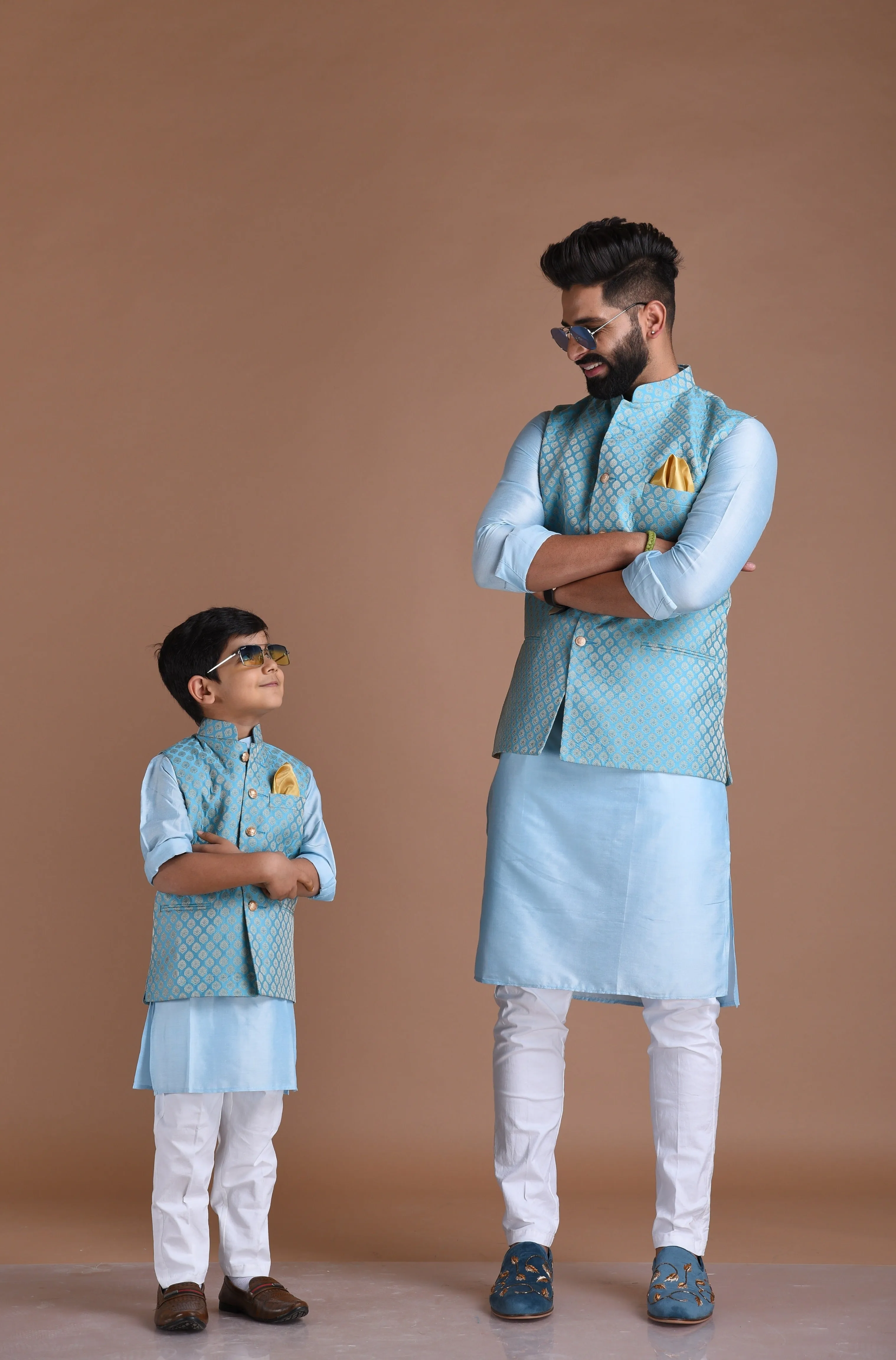 Alluring Cyan Blue Booty Pattern Half Jodhpuri Designer Jacket With Kurta Pajama Set | Wedding Functions  Diwali Eid Open Lawn Party