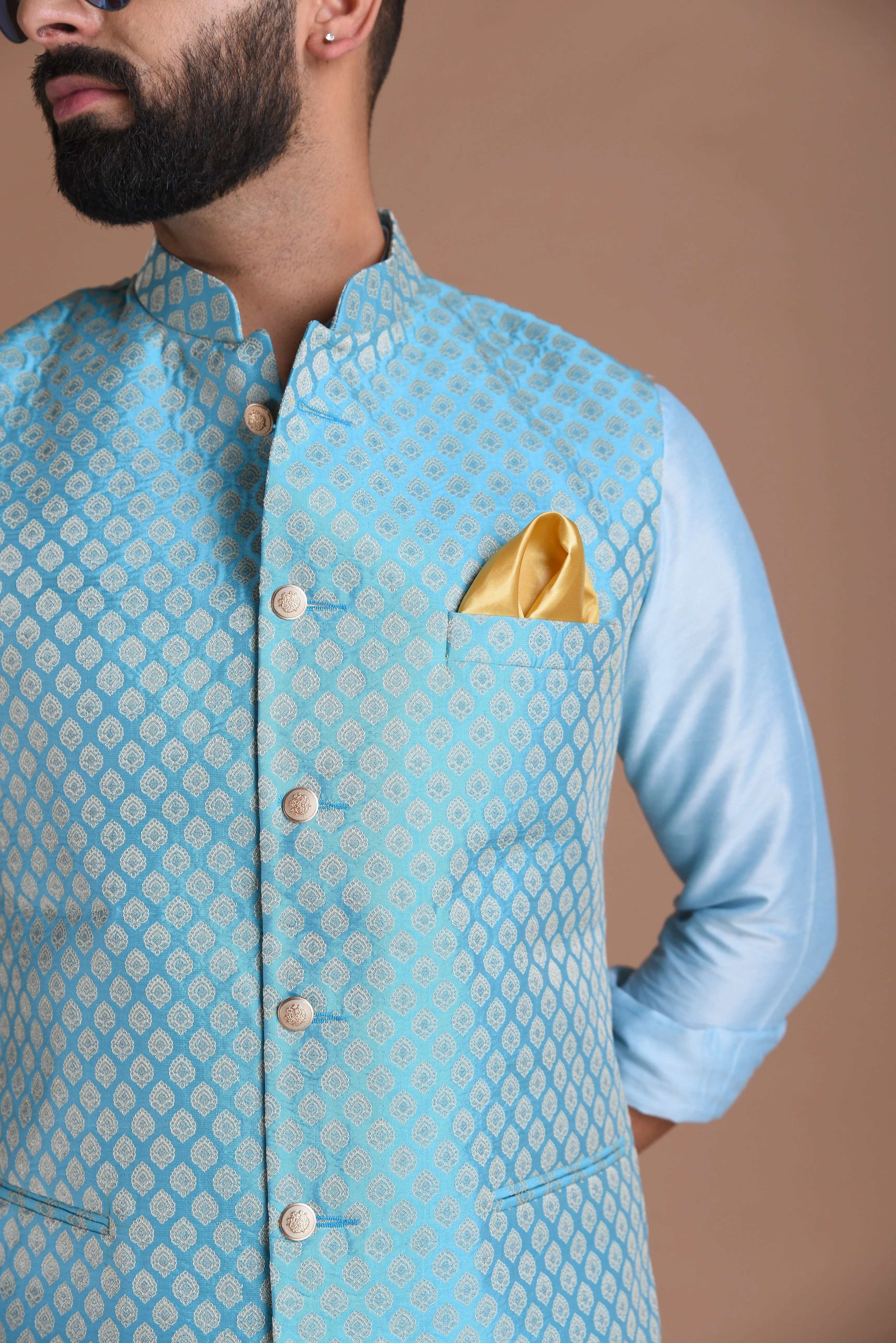 Alluring Cyan Blue Booty Pattern Half Jodhpuri Designer Jacket With Kurta Pajama Set | Wedding Functions  Diwali Eid Open Lawn Party