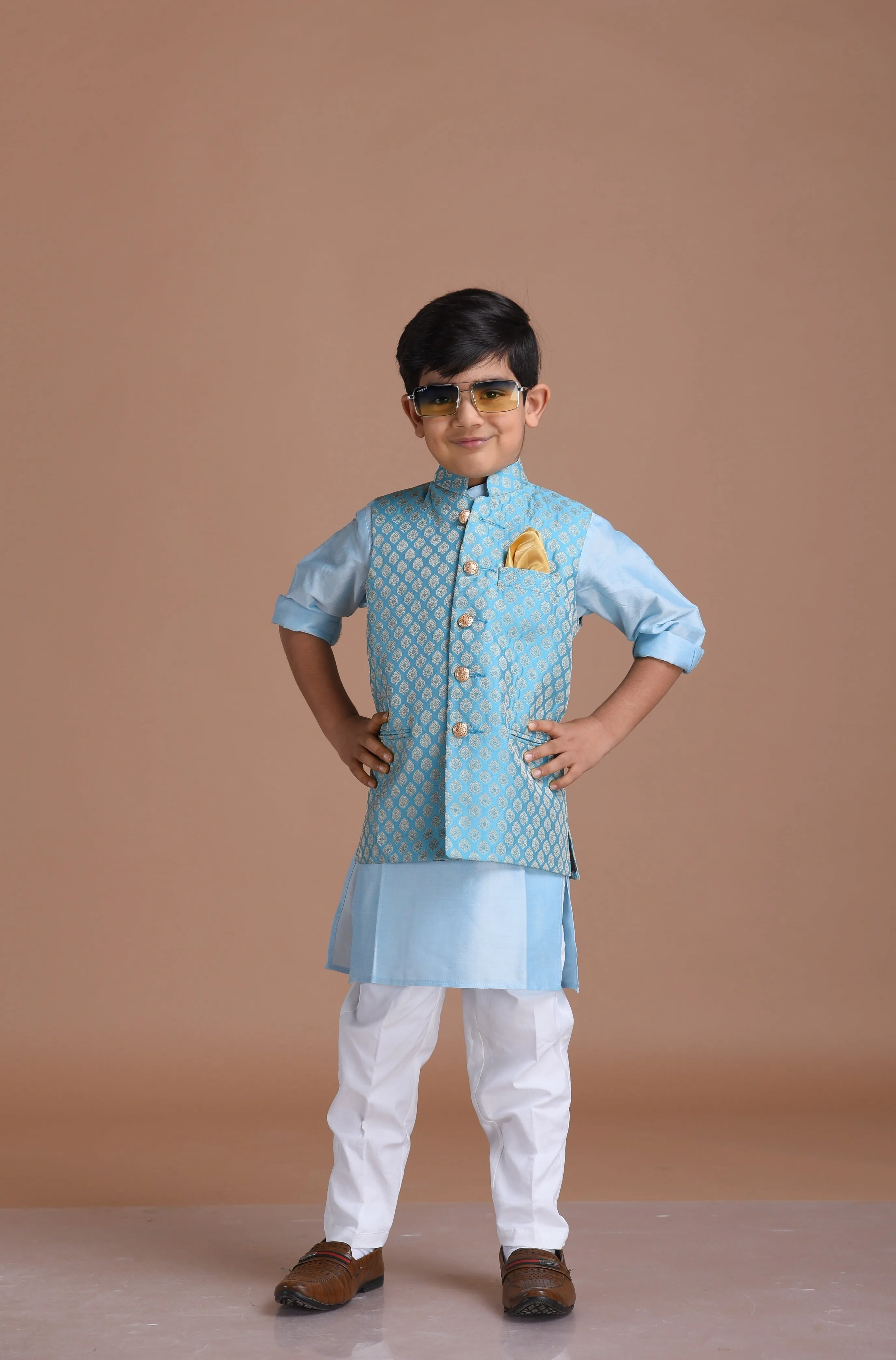 Alluring Cyan Blue Booty Pattern Half Jodhpuri Designer Jacket With Kurta Pajama Set | Wedding Functions  Diwali Eid Open Lawn Party