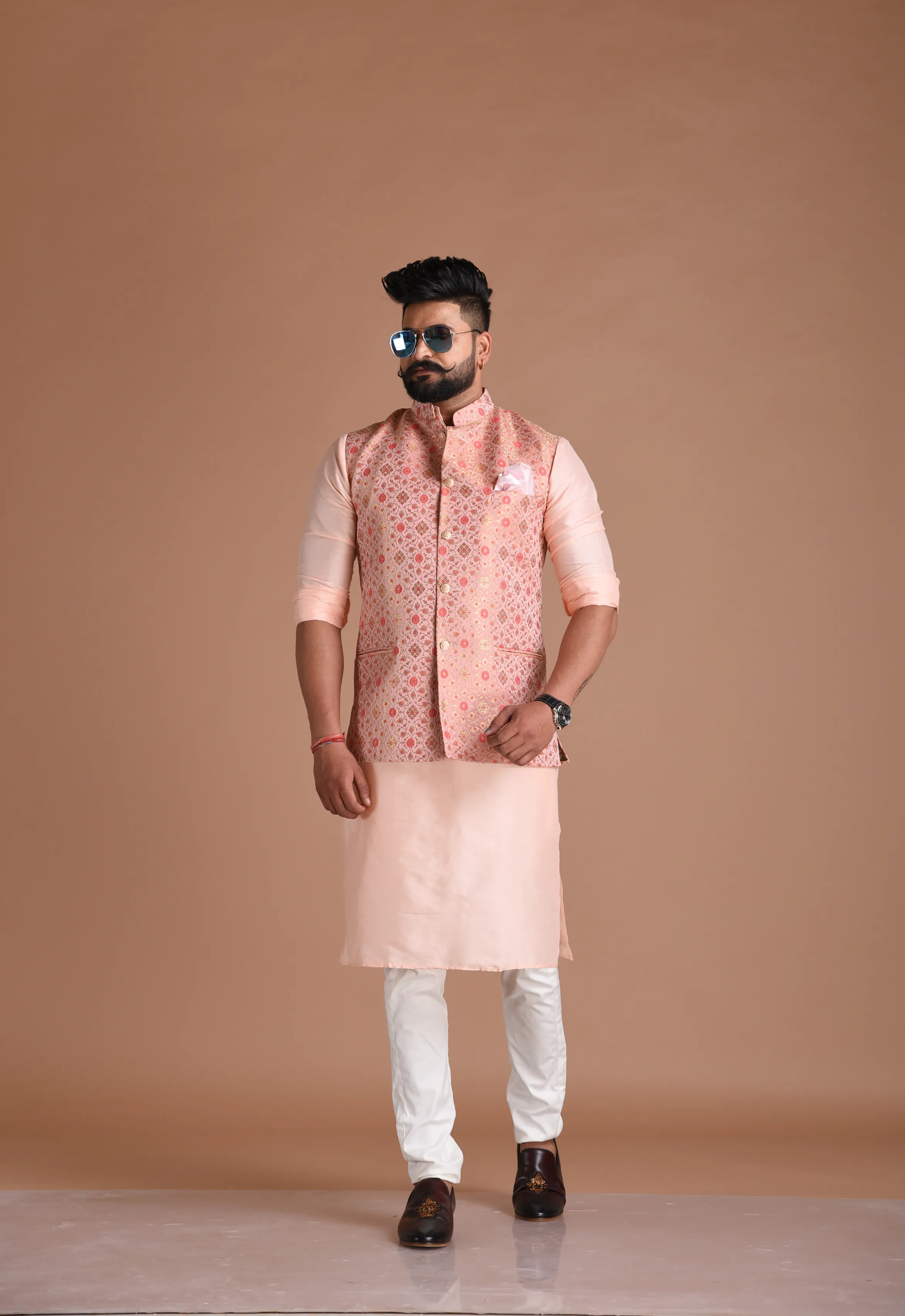 Alluring Jaipuri Floral Pattern Nehru Jacket With Kurta Pajama Set |Pink | Fee Personalization | Best for Sangeet Function