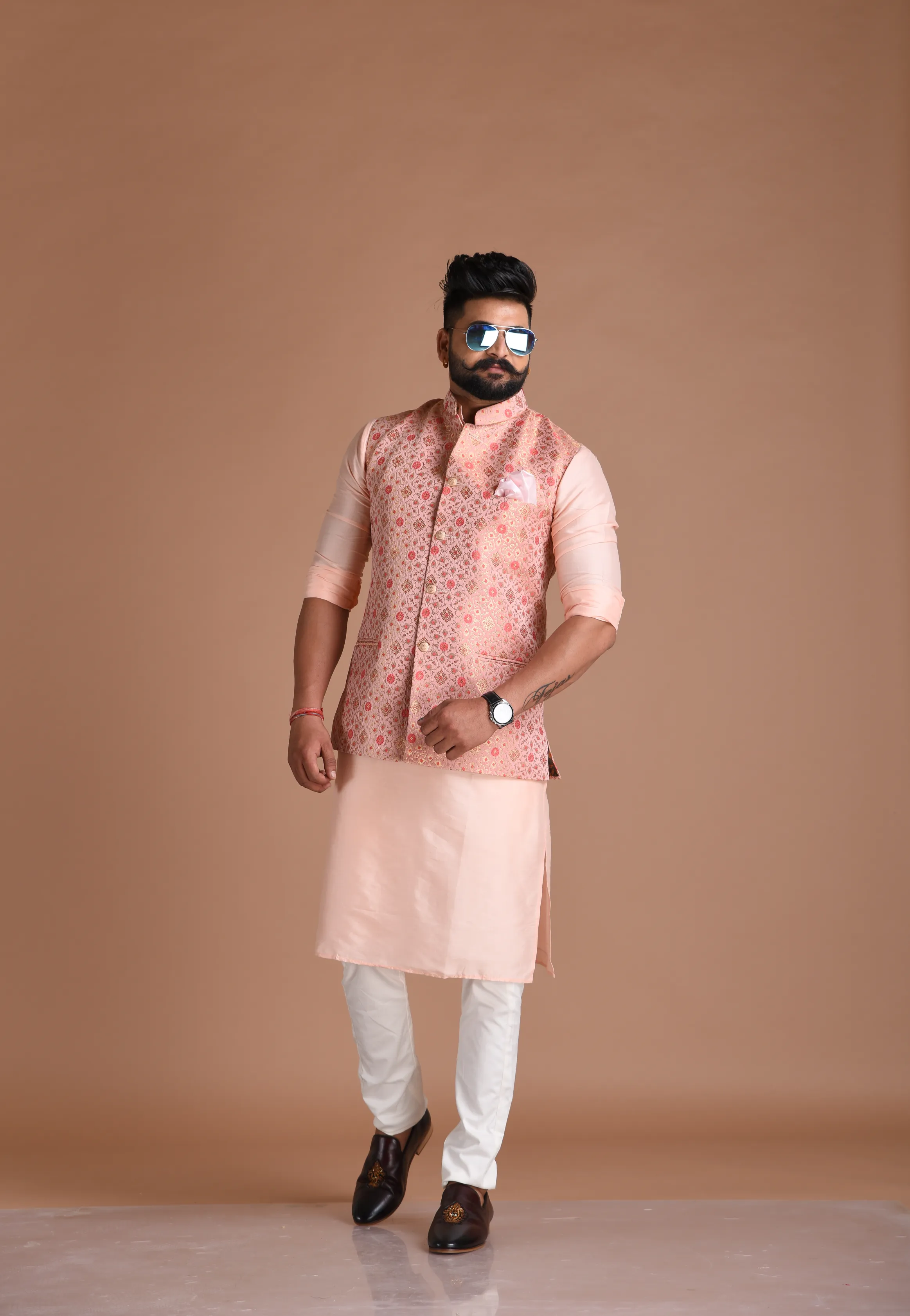 Alluring Jaipuri Floral Pattern Nehru Jacket With Kurta Pajama Set |Pink | Fee Personalization | Best for Sangeet Function