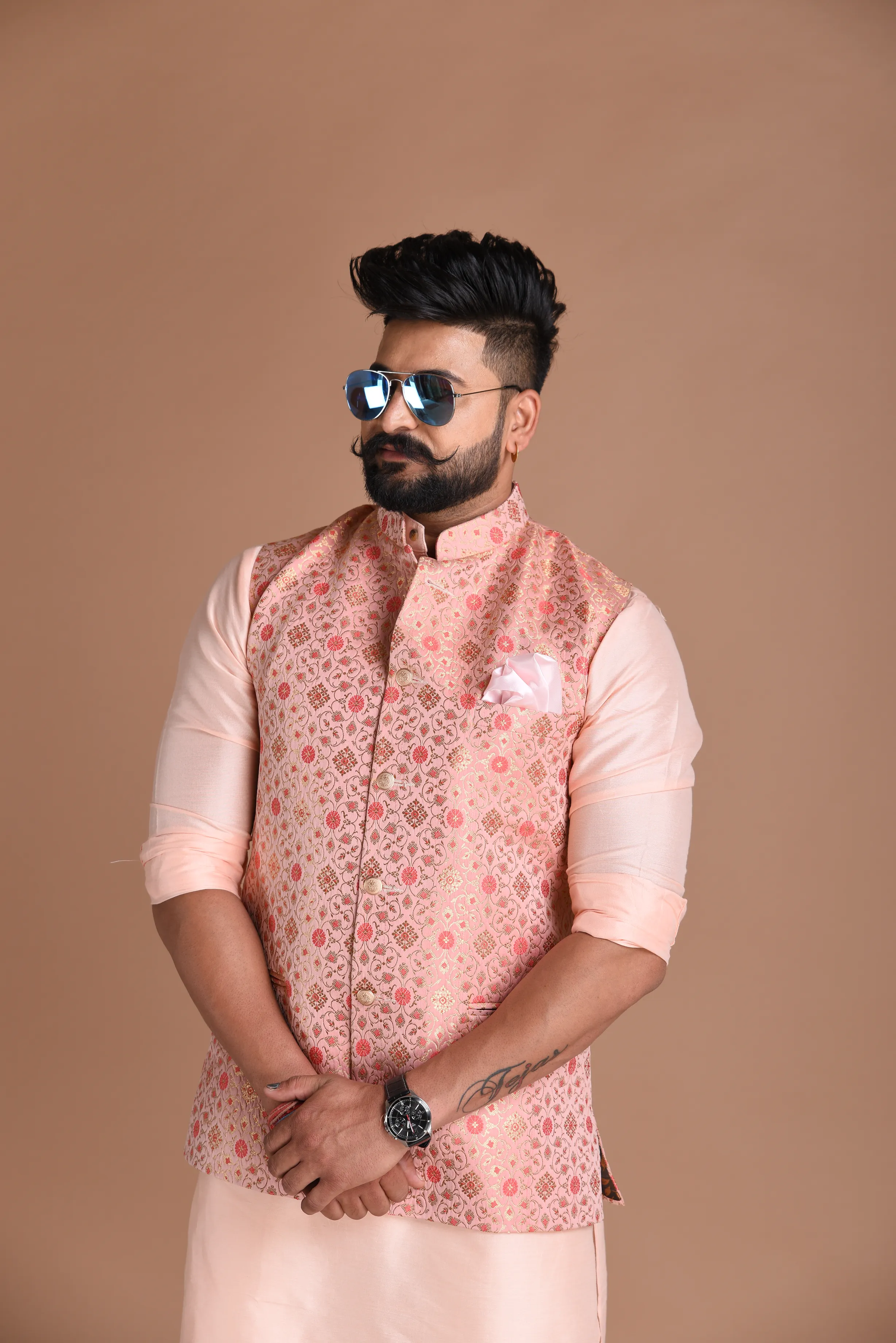 Alluring Jaipuri Floral Pattern Nehru Jacket With Kurta Pajama Set |Pink | Fee Personalization | Best for Sangeet Function