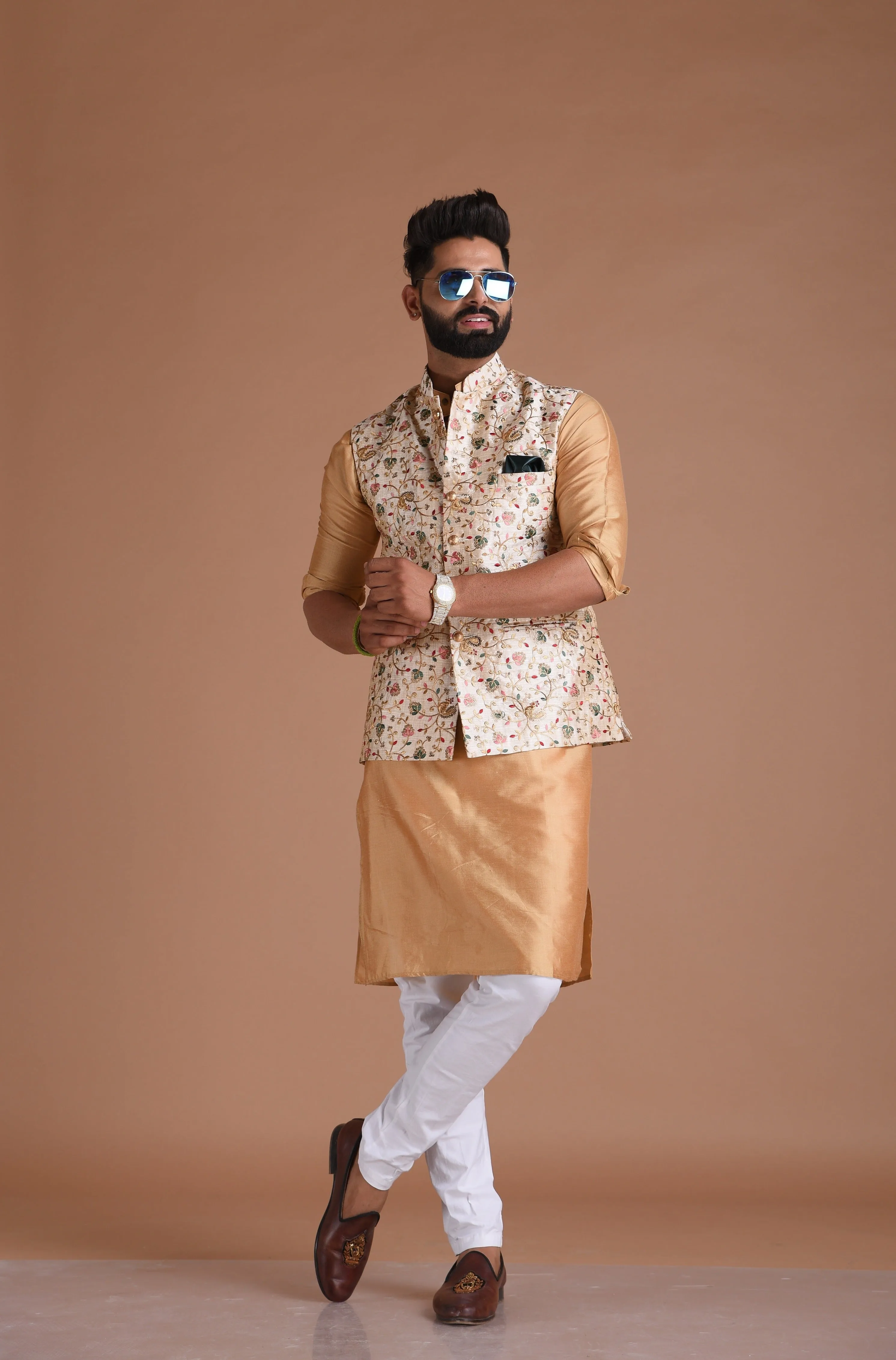 Alluring Jaipuri Style Floral Embroidered Nehru Jacket with Silk Kurta Pajama Set | Best for Day Functions | Free Personalization