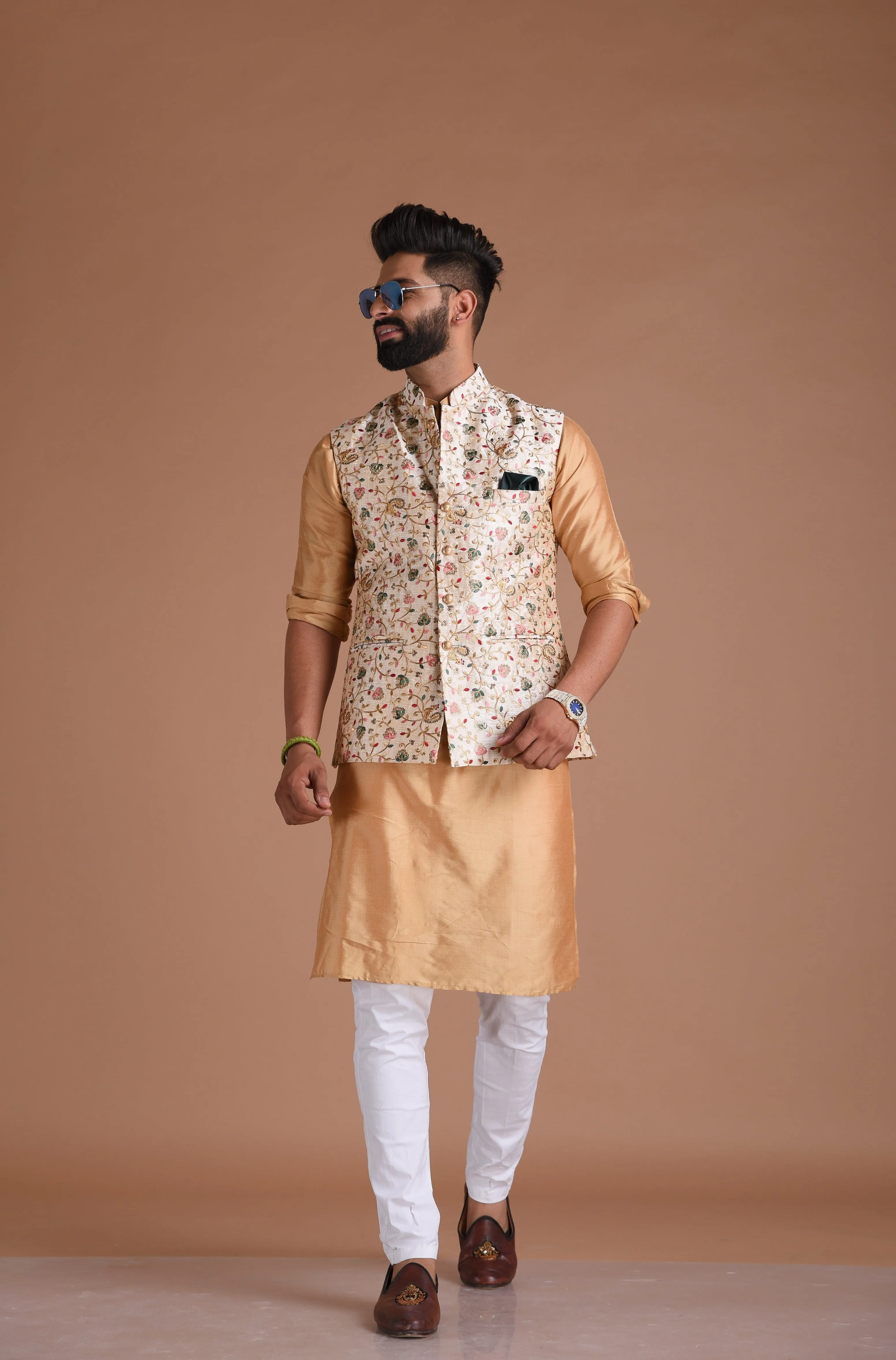 Alluring Jaipuri Style Floral Embroidered Nehru Jacket with Silk Kurta Pajama Set | Best for Day Functions | Free Personalization