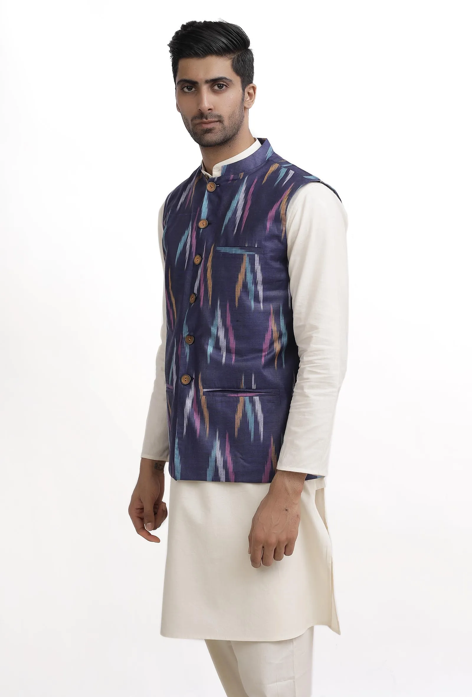 Azure Blue Ikat Nehru Jacket