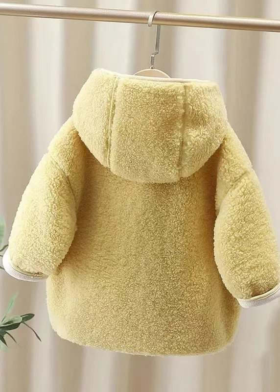 Casual Yellow Patchwork Button Faux Fur Warm Fleece Girls Hooded Coats Winter WL031