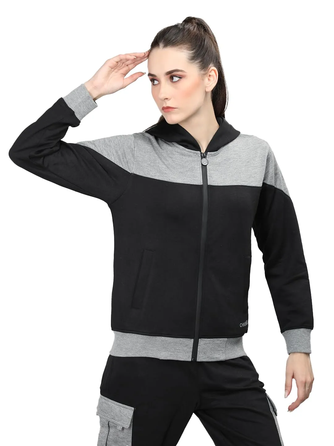 CHKOKKO Women Winter Sports Zipper Hooded Stylish Jacket Light Grey Black L