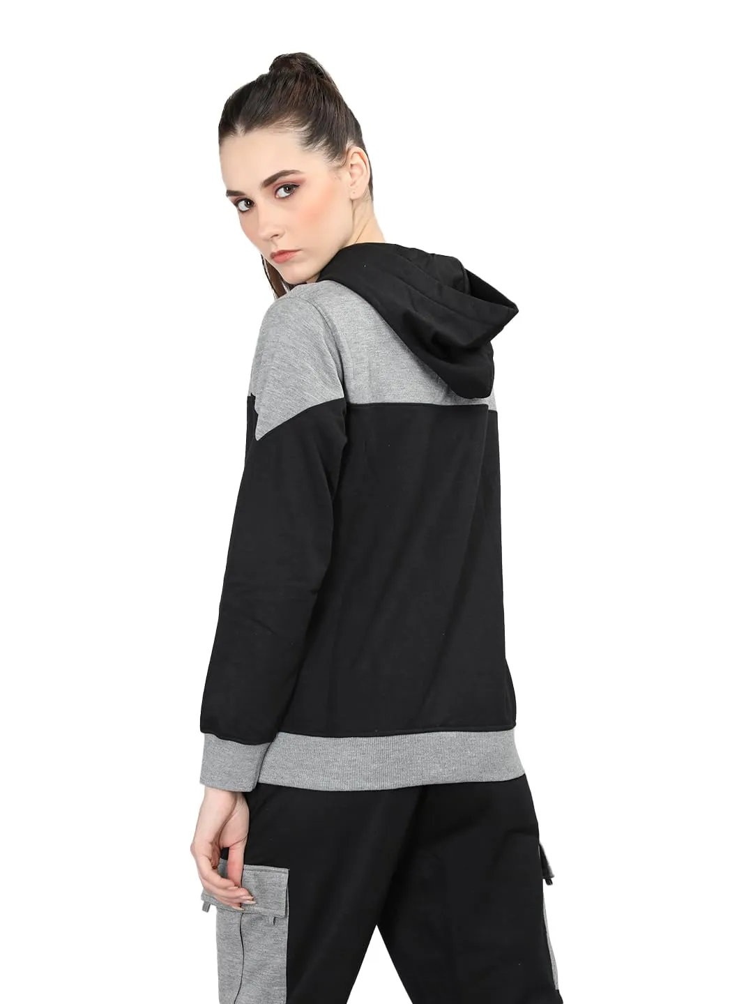 CHKOKKO Women Winter Sports Zipper Hooded Stylish Jacket Light Grey Black L