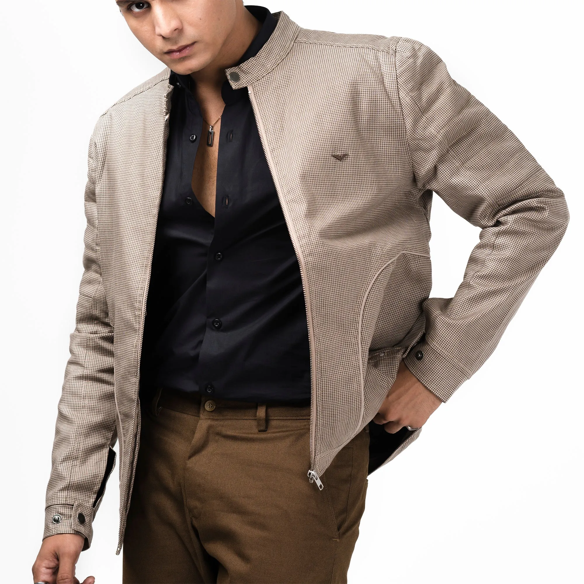 Cotton Checkered Jacket-Beige