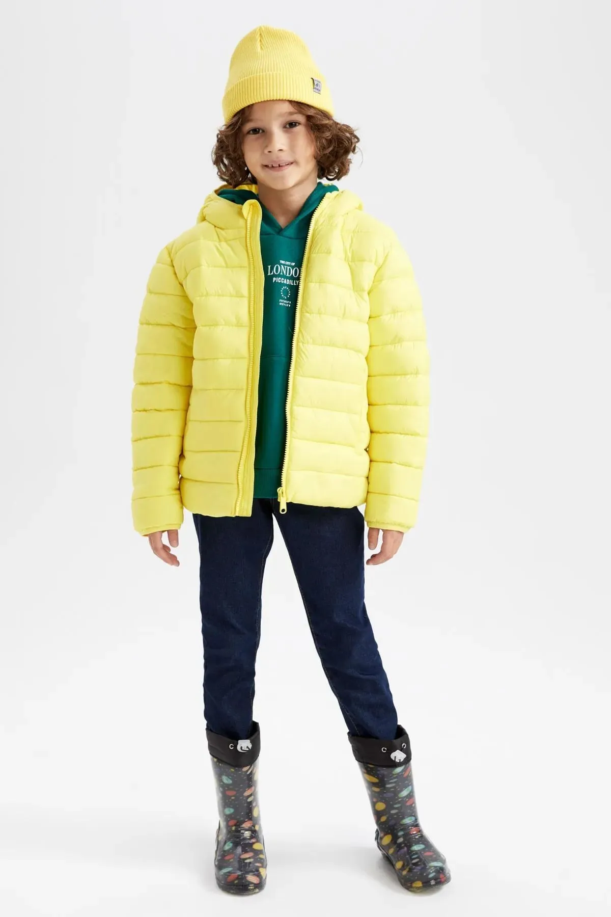 Defacto Boy's Yellow Water Repellent Hooded Puffer Coat