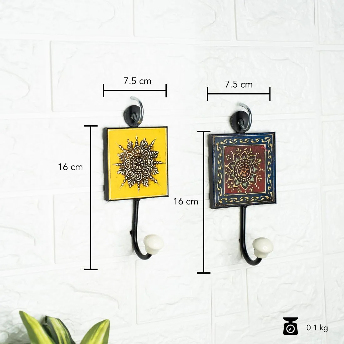 Ekhasa Metal Multi Design Blue Pottery Ceramic Decorative Tile Wall Hook for Keys, Clothes, Coat, Jackets, Bags, Purses, Hats, Scarves, Towels | Decorative Wall Hooks for Home Decor (Set of 2)