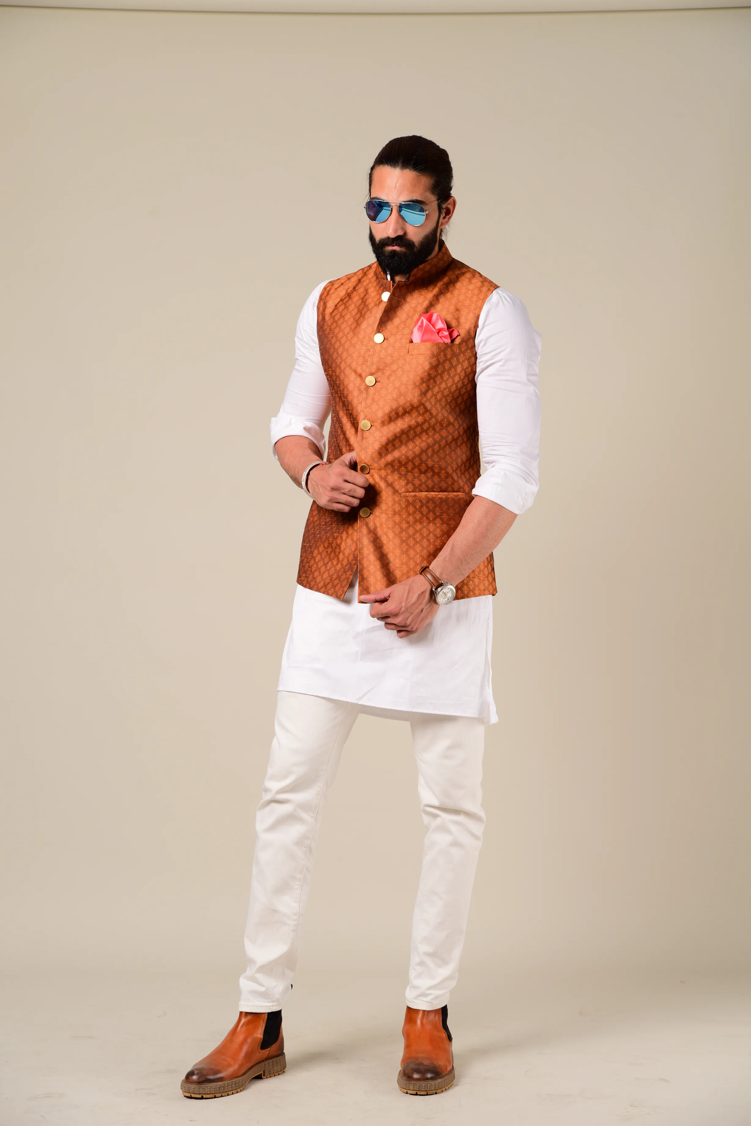 Elegant White Kurta Pajama Paired with Bright Rust Nehru Jacket  | Family Weddings Tradtional Festivals Rakshabandhan Eid Diwali