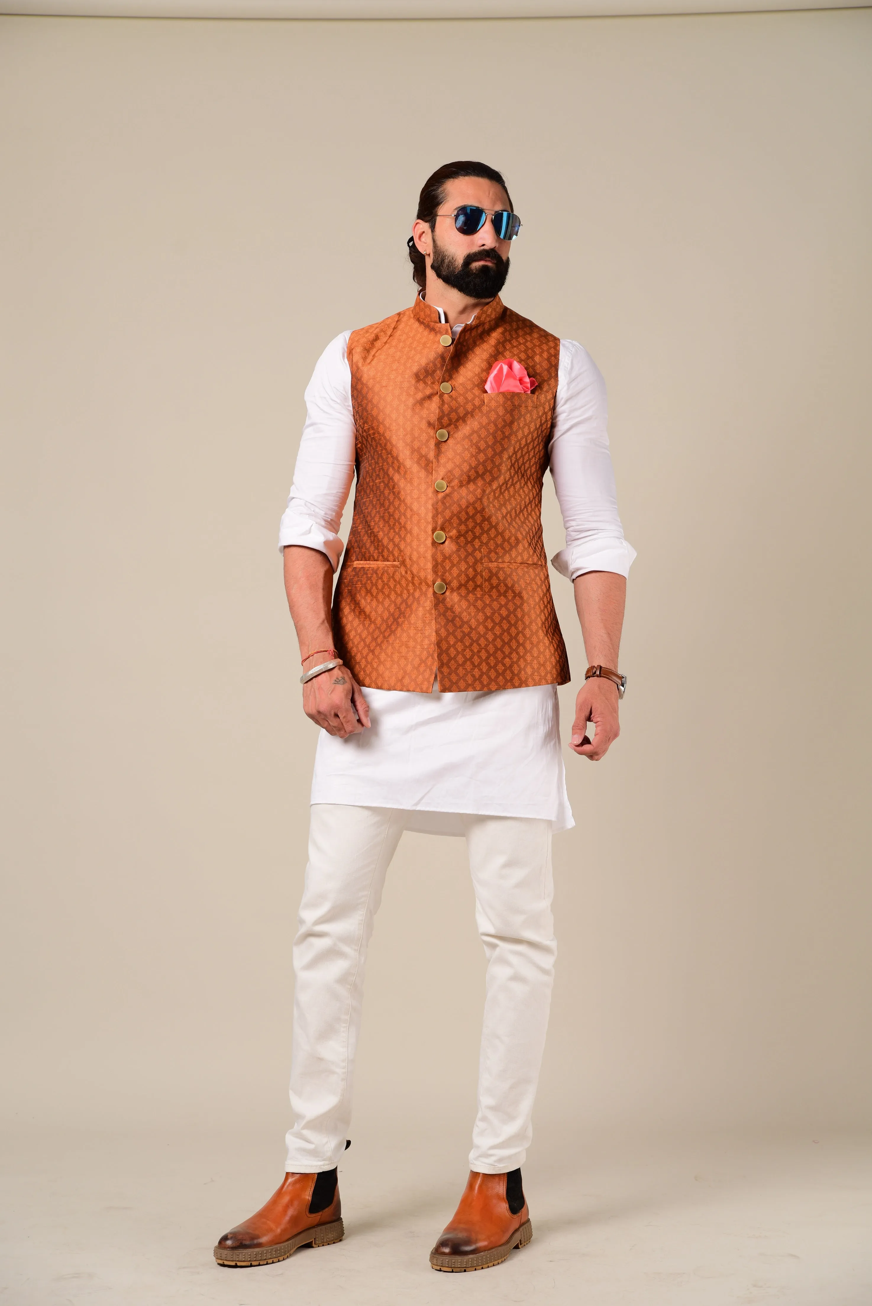 Elegant White Kurta Pajama Paired with Bright Rust Nehru Jacket  | Family Weddings Tradtional Festivals Rakshabandhan Eid Diwali