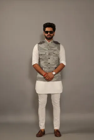 Exclusive Grey Camouflage Hunting style Jacket with White Kurta Pajama Set | Free Personalization | Rajputana | Traditional Dress |