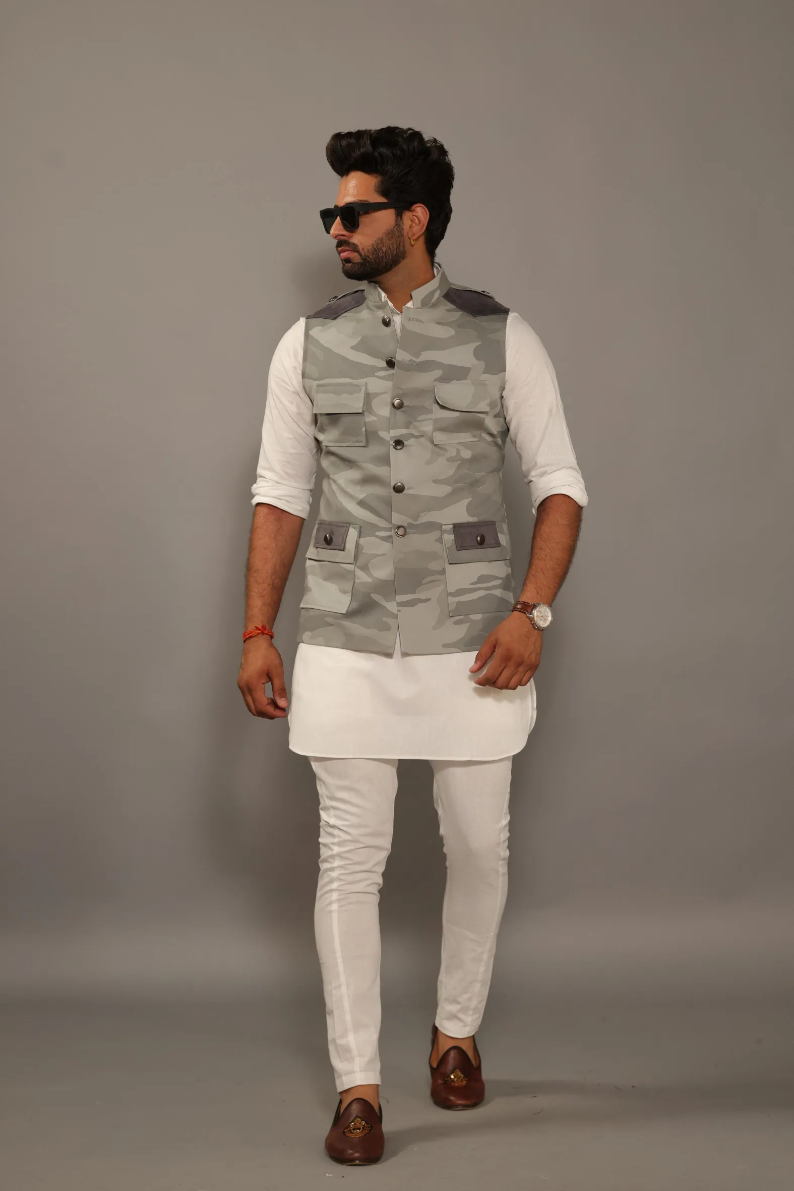 Exclusive Grey Camouflage Hunting style Jacket with White Kurta Pajama Set | Free Personalization | Rajputana | Traditional Dress |