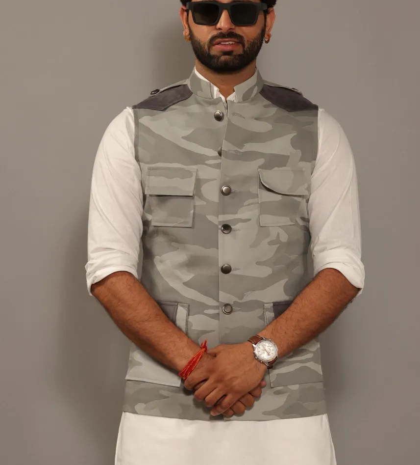 Exclusive Grey Camouflage Hunting style Jacket with White Kurta Pajama Set | Free Personalization | Rajputana | Traditional Dress |