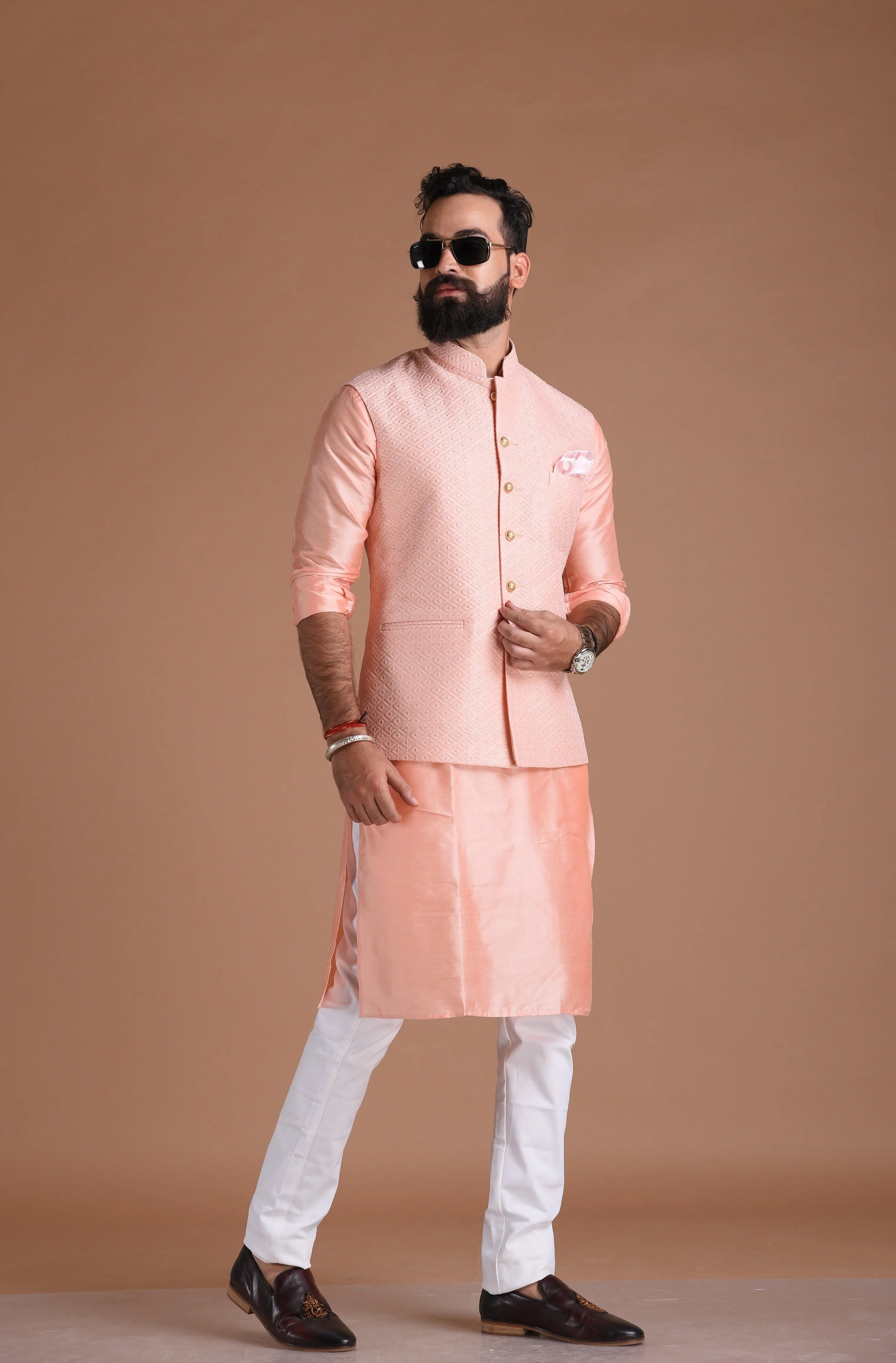 Exclusive Hand-crafted Self Designed Pink Half Jodhpuri Jacket with Kurta Pajama Set | Wedding Functions Rakshabandhan Diwali Eid Open Lawn Party