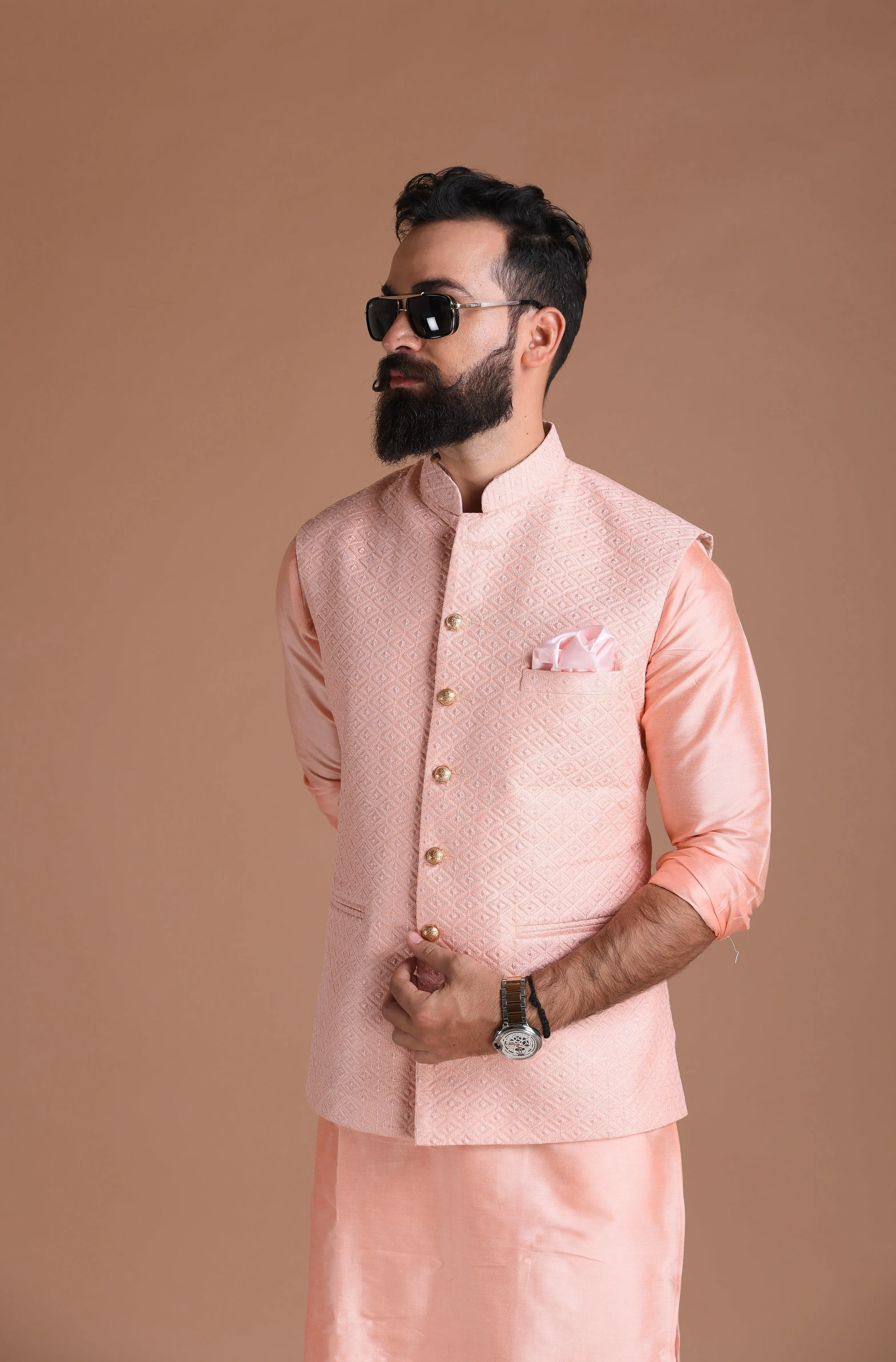 Exclusive Hand-crafted Self Designed Pink Half Jodhpuri Jacket with Kurta Pajama Set | Wedding Functions Rakshabandhan Diwali Eid Open Lawn Party