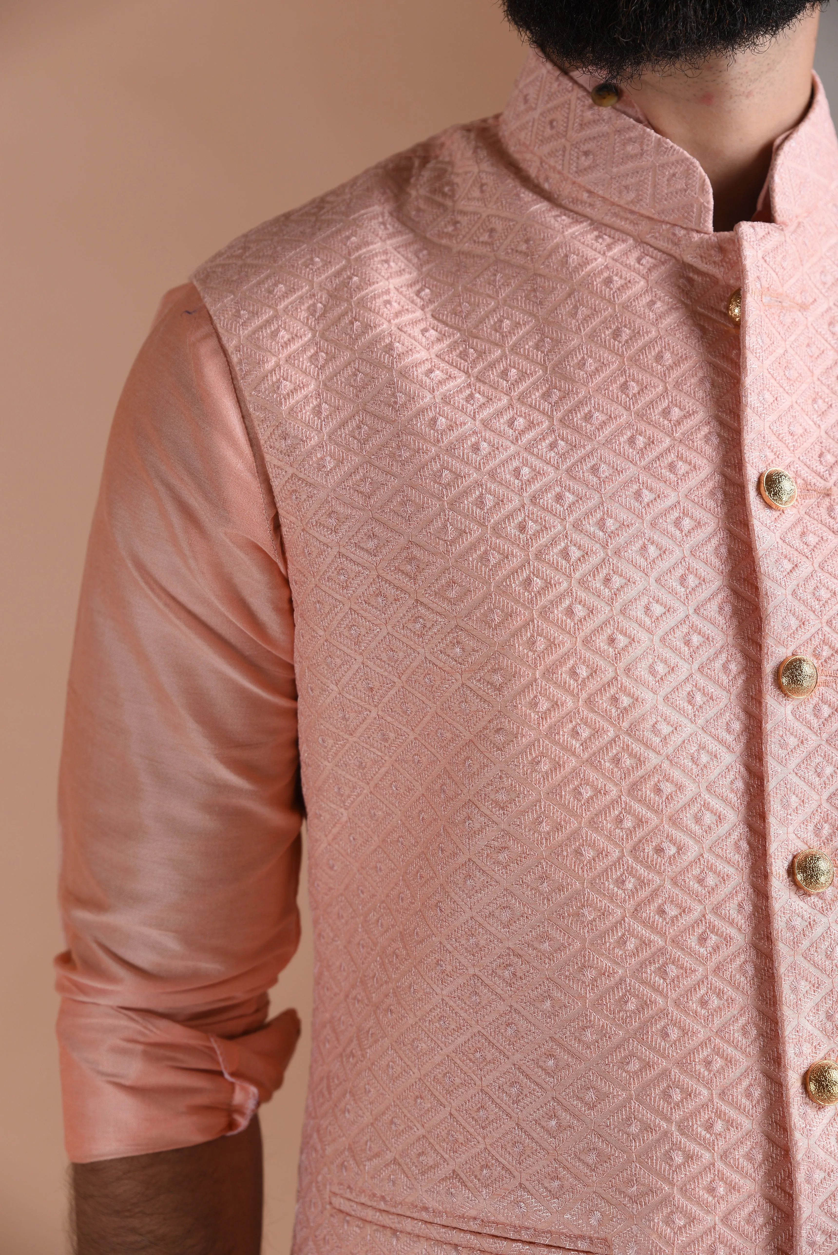 Exclusive Hand-crafted Self Designed Pink Half Jodhpuri Jacket with Kurta Pajama Set | Wedding Functions Rakshabandhan Diwali Eid Open Lawn Party