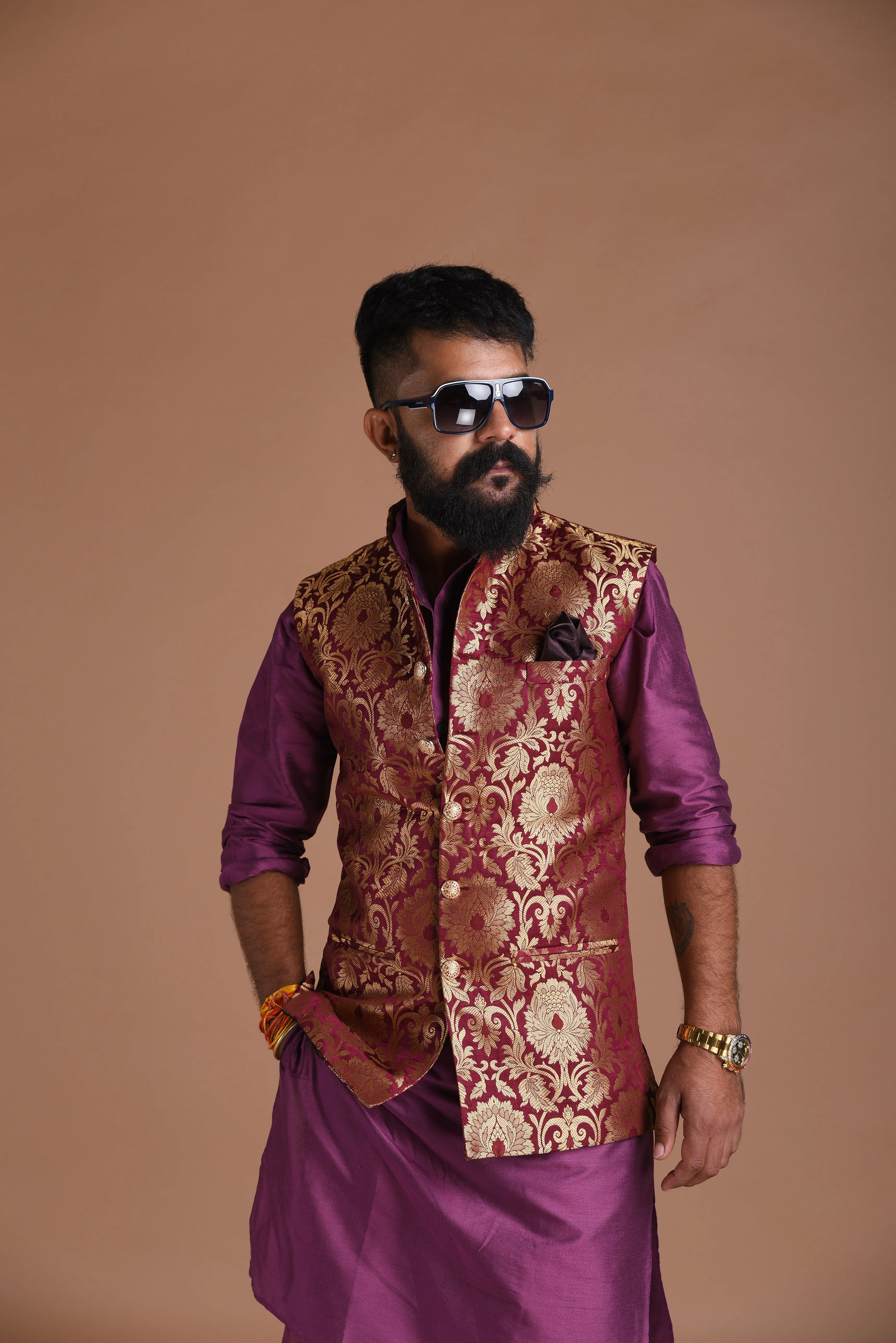 Floral Pattern Purple Golden Designer Half Jodhpuri Jacket With Silk Kurta Pajma Set For Special Occasions | Free Personalisation Handmade