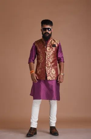 Floral Pattern Purple Golden Designer Half Jodhpuri Jacket With Silk Kurta Pajma Set For Special Occasions | Free Personalisation Handmade