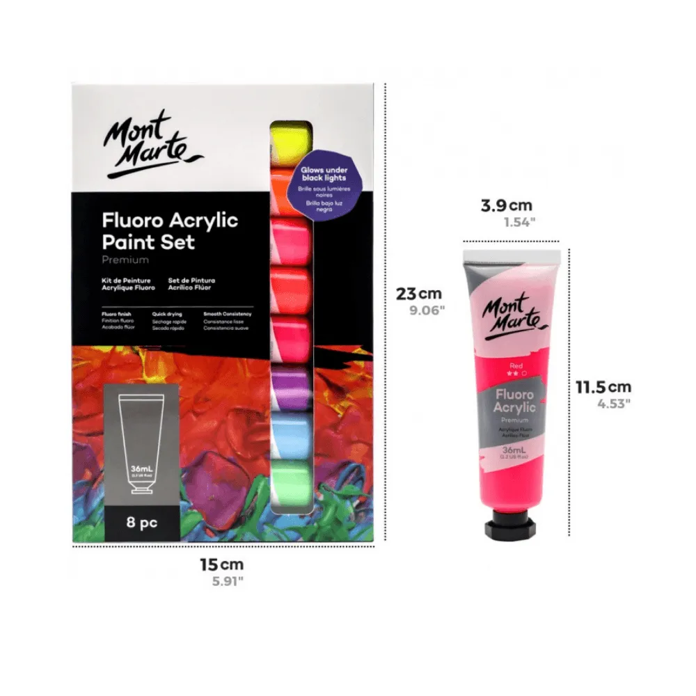 Fluoro Acrylic Paint Set Premium 8 x 36ml (1.2oz) Mont Marte Craft Art Supply