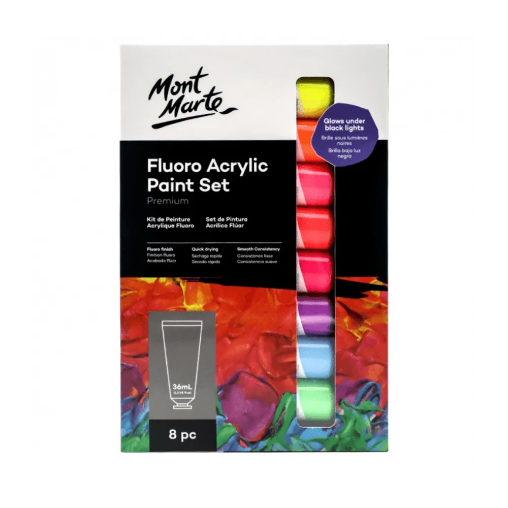 Fluoro Acrylic Paint Set Premium 8 x 36ml (1.2oz) Mont Marte Craft Art Supply