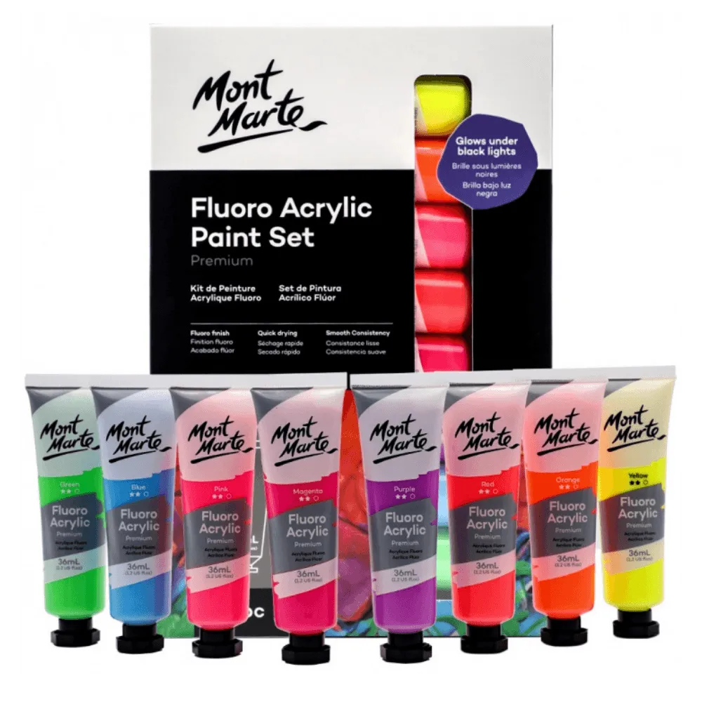 Fluoro Acrylic Paint Set Premium 8 x 36ml (1.2oz) Mont Marte Craft Art Supply