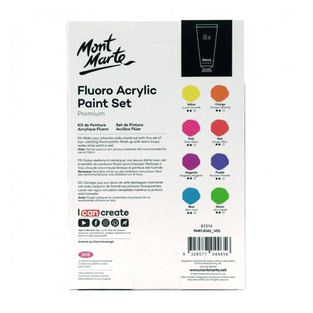 Fluoro Acrylic Paint Set Premium 8 x 36ml (1.2oz) Mont Marte Craft Art Supply