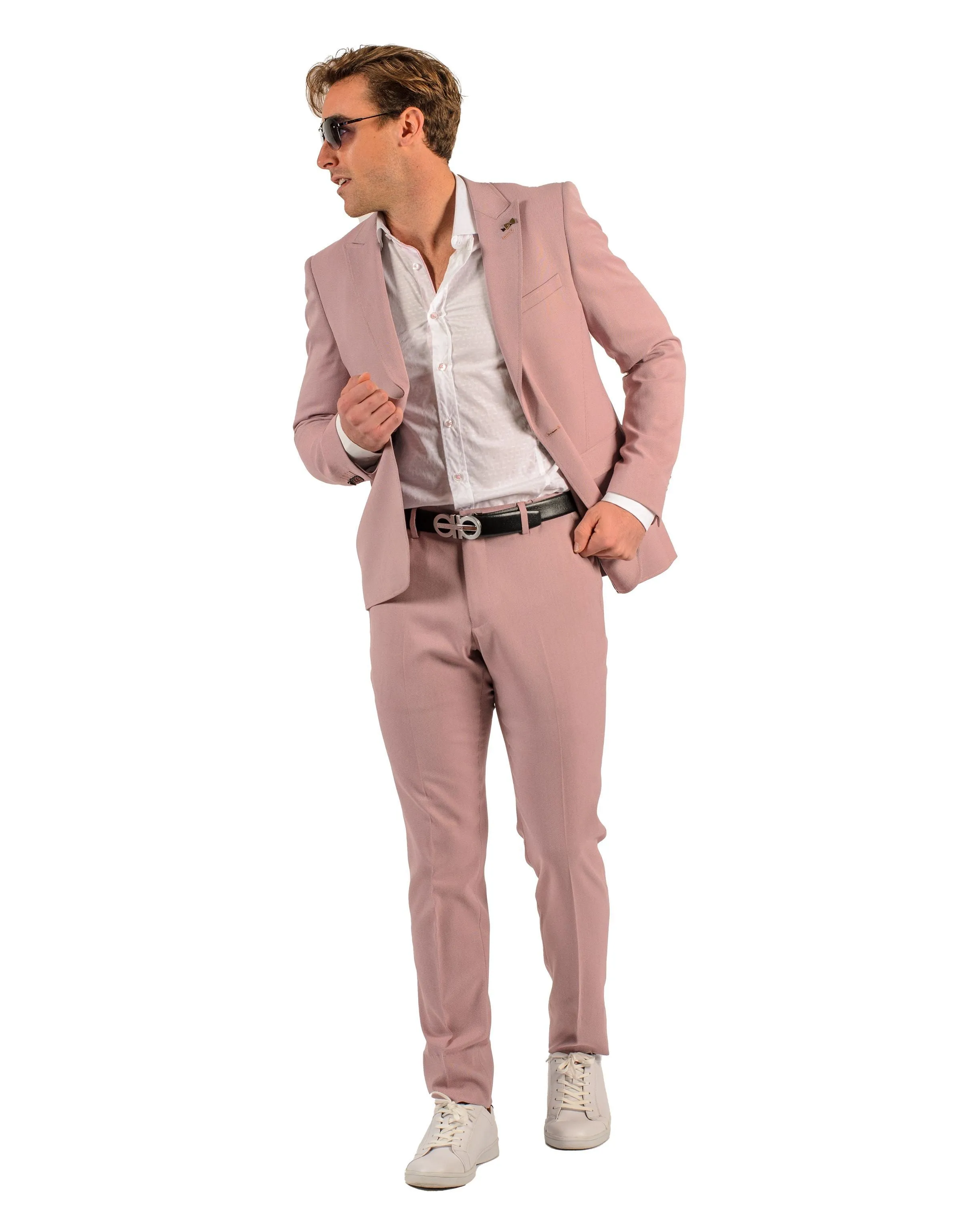 Giovanni Testi 1 Button Peak Lapel Strech Pink Birdseye Travel Suit GTRVL1P-4775 BLUSH/RED