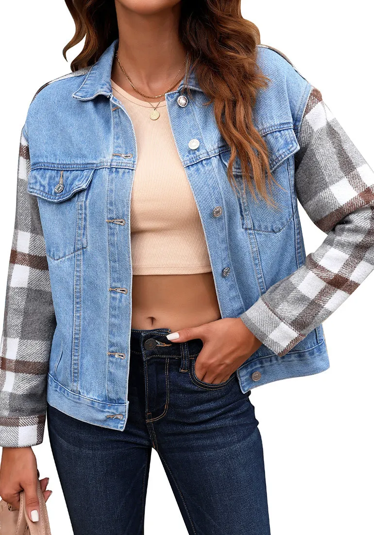 Light Wash   Gray Plaid Women's Denim Oversized Plaid Shacket Jacket Vintage Shirt Jackets