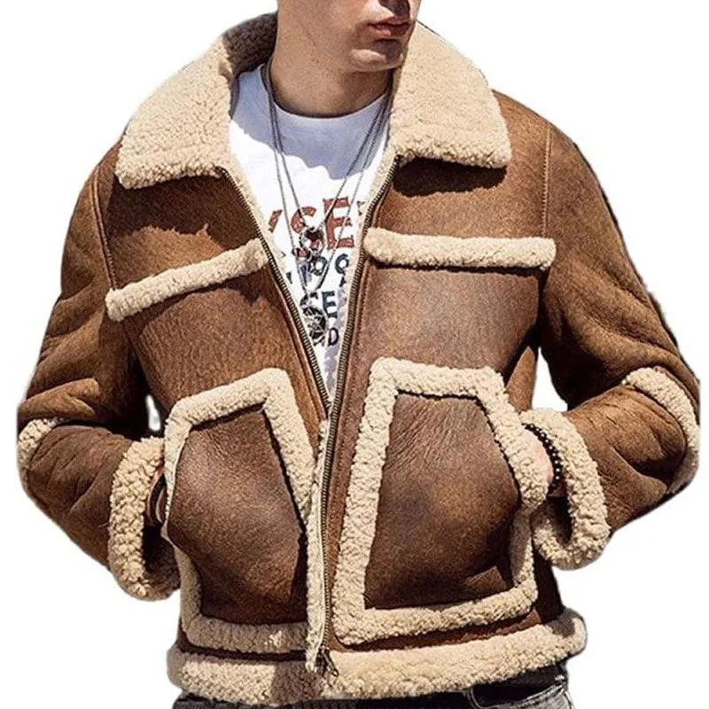 Mens Genuine Winter Vintage Sheepskin Leather Bomber Aviator Jacket