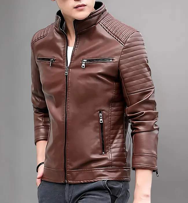 Men's Leather Jacket Stand Collar Motorcycle Jacket