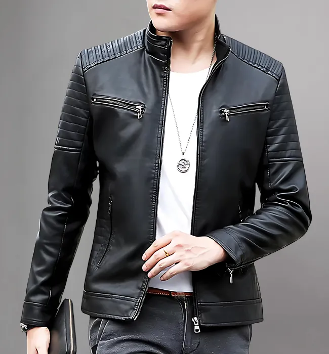 Men's Leather Jacket Stand Collar Motorcycle Jacket