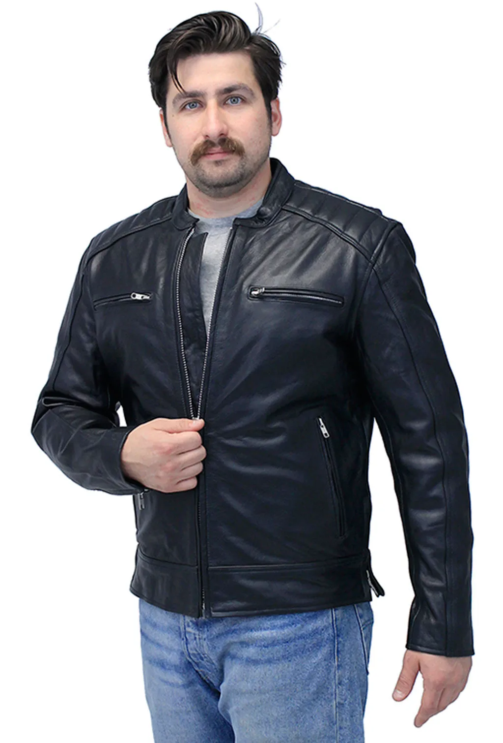 Men's Ribbed Shoulder Leather Motorcycle Jacket #M5760GQZK ()