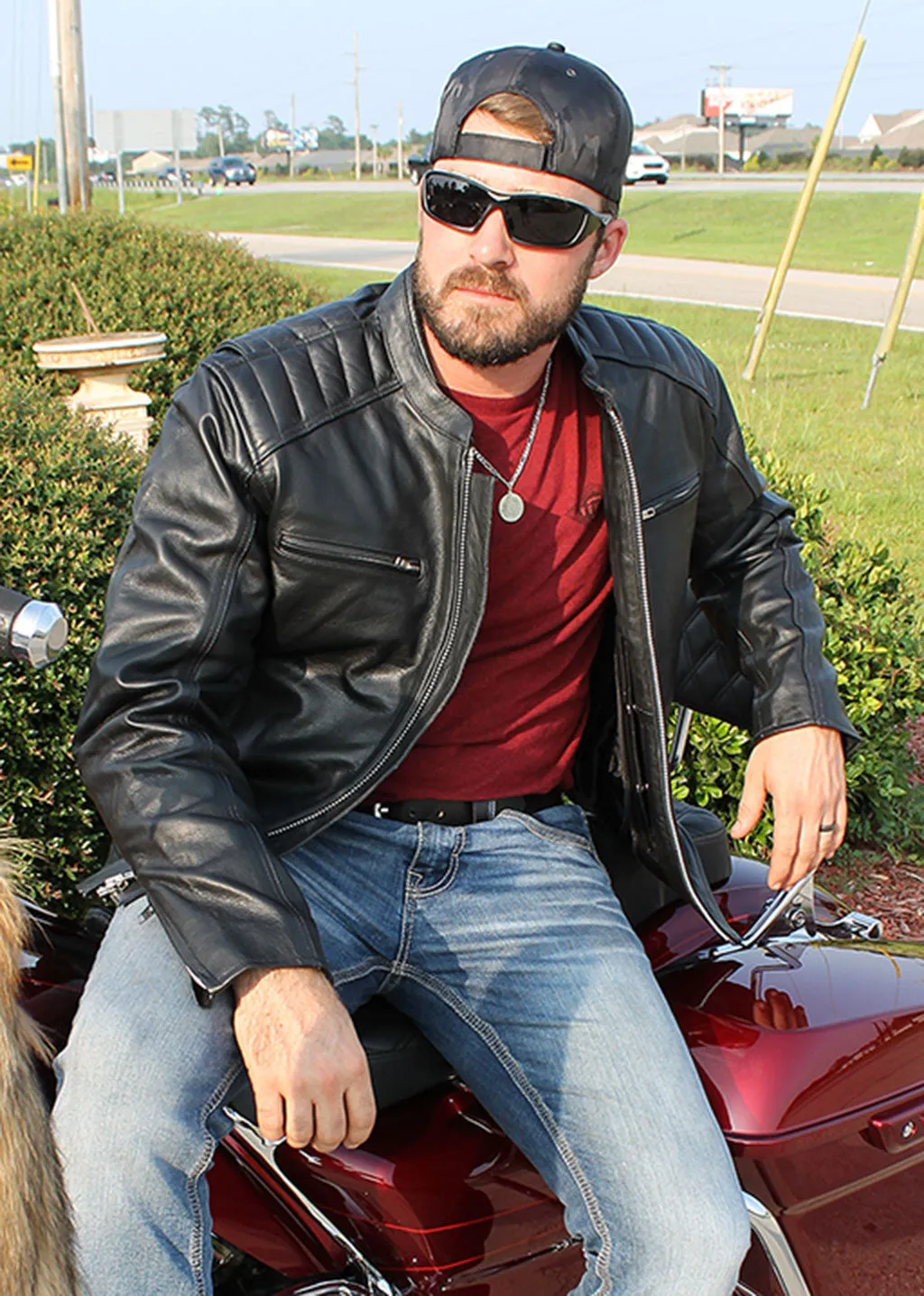 Men's Ribbed Shoulder Leather Motorcycle Jacket #M5760GQZK ()