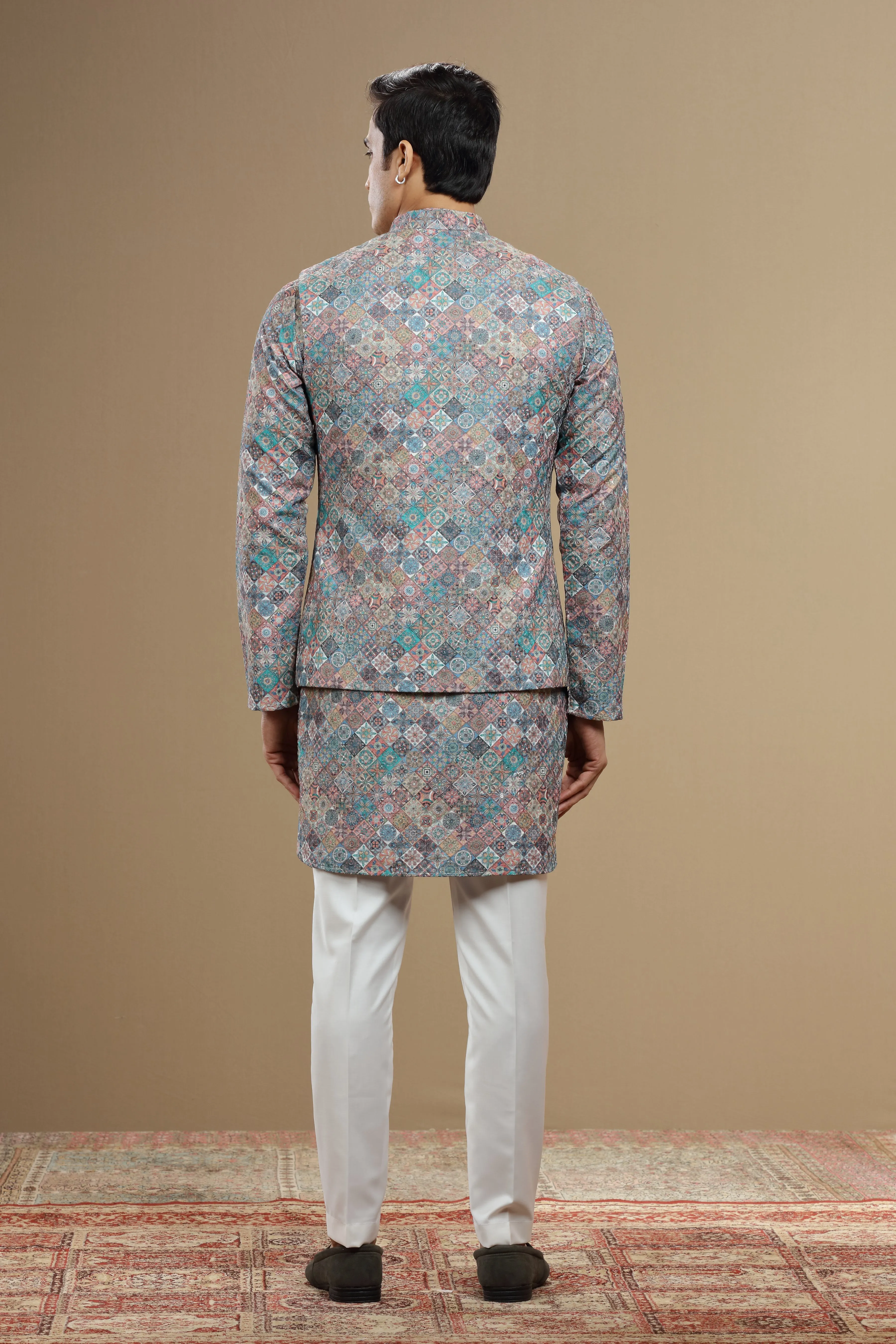 Multicolor Silk Jacket With Geometric Print Sequin Work