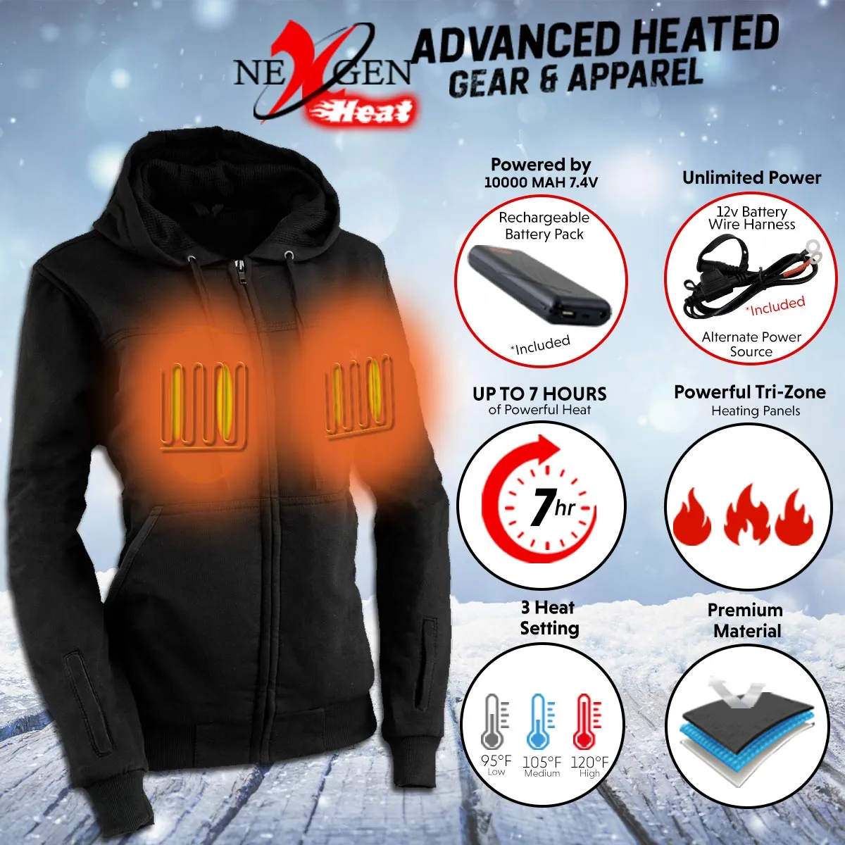 Nexgen Heat NXL2717DUAL Technology Women's Heated Hoodie - Black Sweatshirt Jacket for Winter Season w/Battery Pack