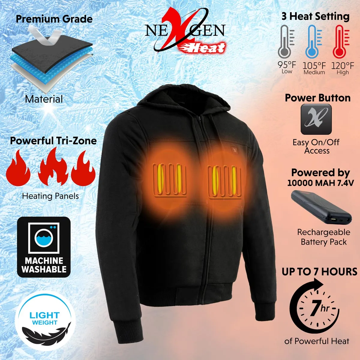 Nexgen Heat NXM1713SET Men's “Fiery’’ Heated Hoodie- Black Zipper Front Sweatshirt Jacket for Winter w/Battery Pack