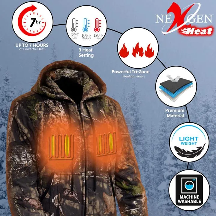 Nexgen Heat NXM1776SET Men's Camouflaged Heated Zipper Hoodies - Warming Camo Hoodie for Hunting w/ Battery