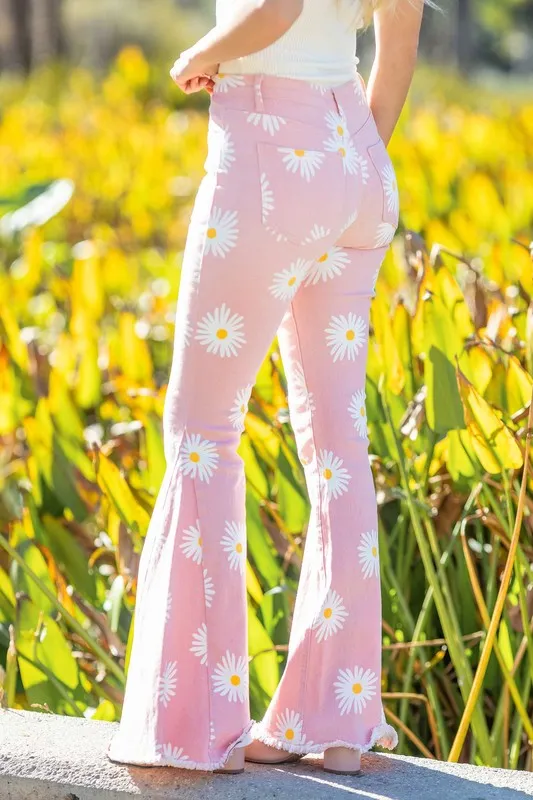 Pink Boho Daisy Flare Denim