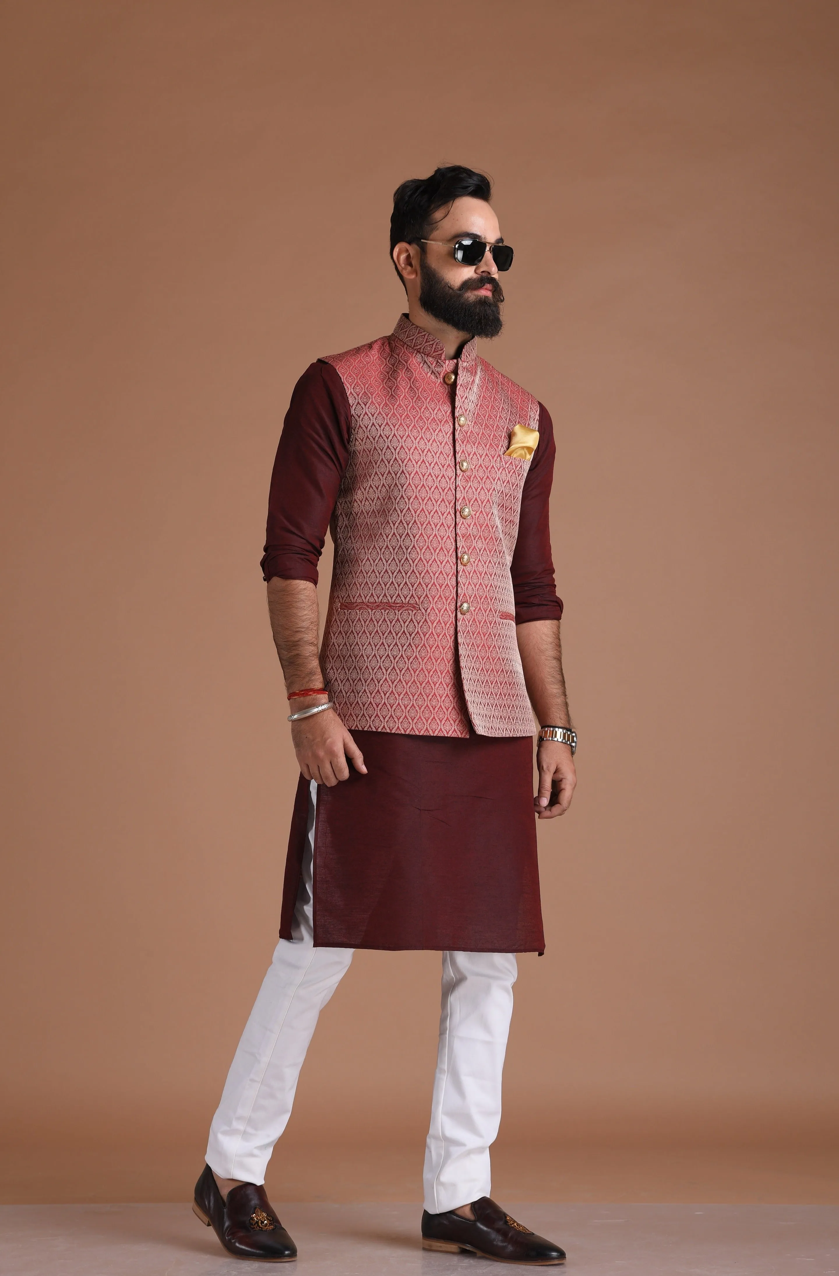 Royal Dark Red Banarasi Brocade  Half Jodhpuri Jacket with Kurta Pajama Set Best for Cocktails party | Free Personalisation | Wedding Festivals