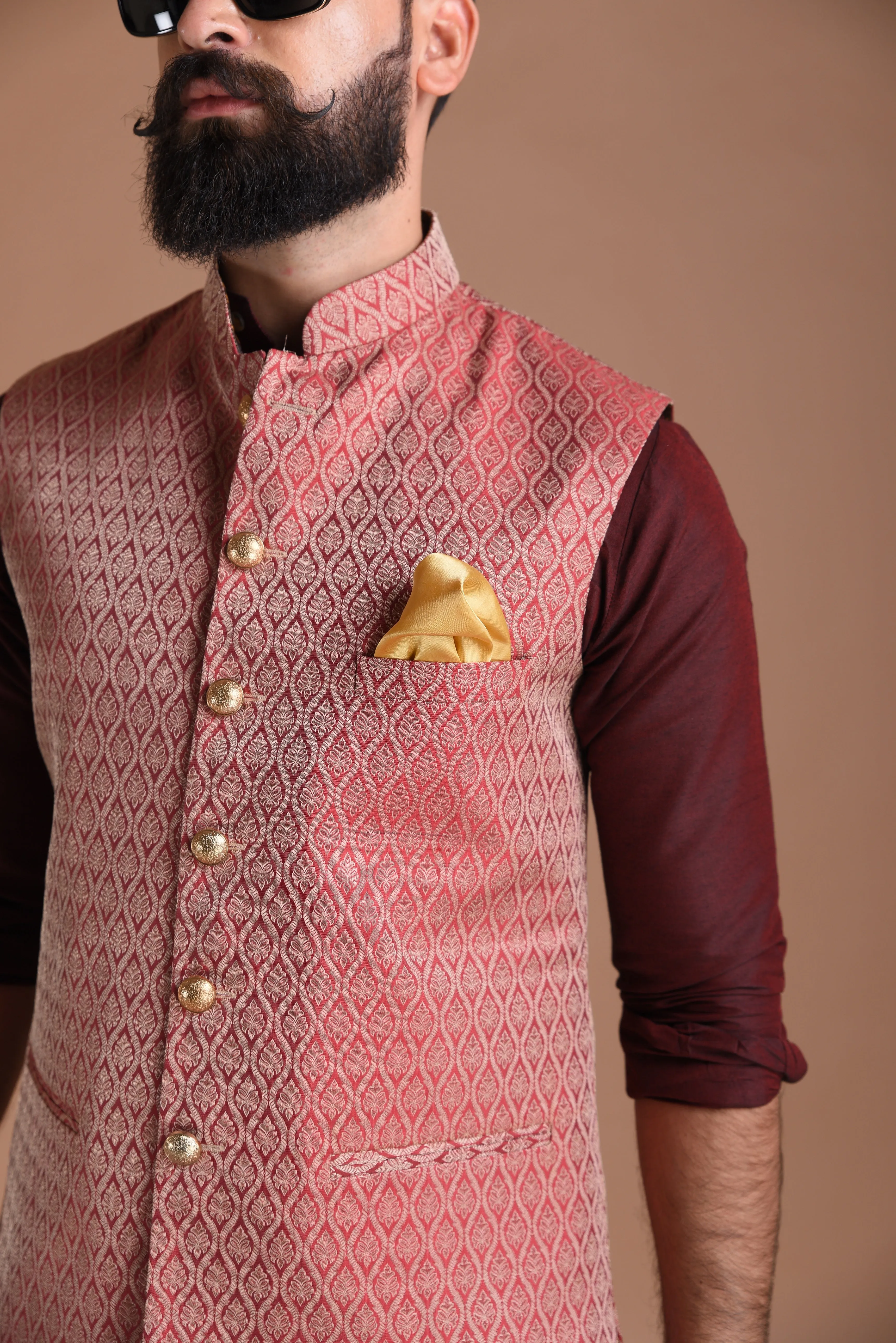 Royal Dark Red Banarasi Brocade  Half Jodhpuri Jacket with Kurta Pajama Set Best for Cocktails party | Free Personalisation | Wedding Festivals